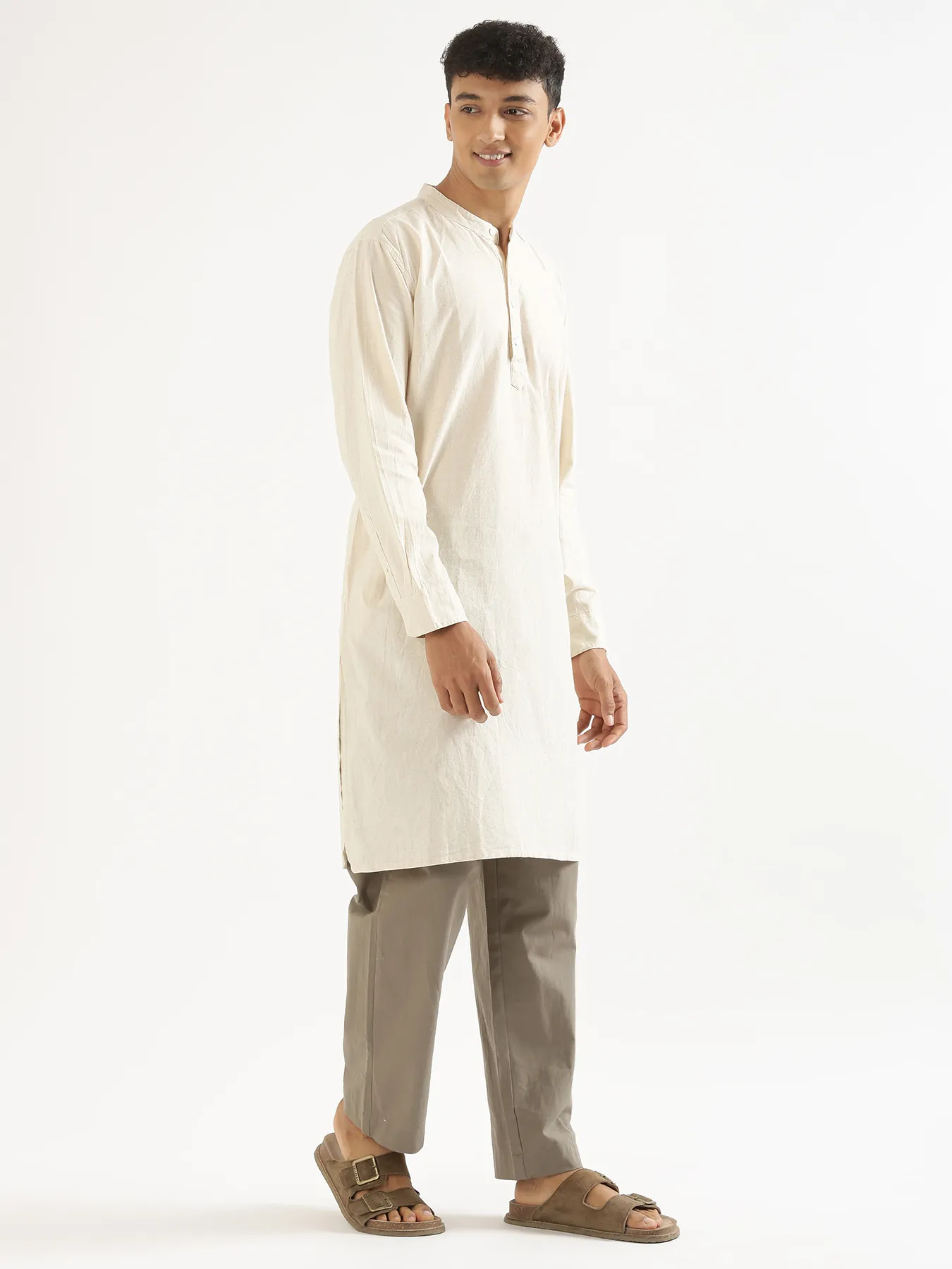 Men Ecru Airy Linen Long Kurta - Image 4