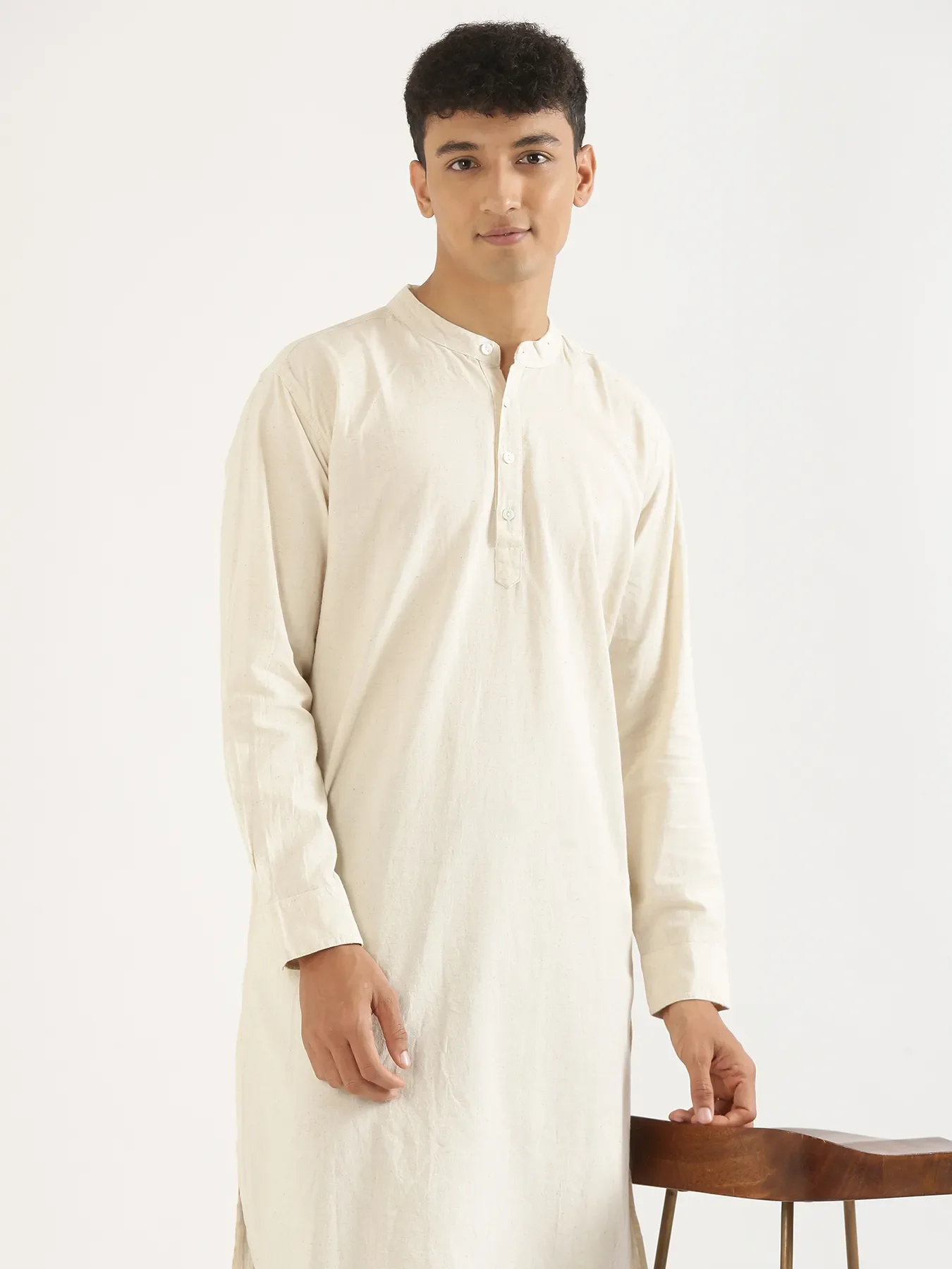 Men Ecru Airy Linen Long Kurta - Image 5