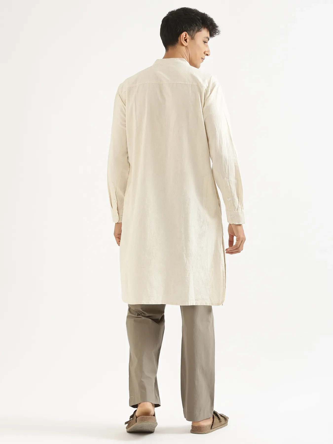 Men Ecru Airy Linen Long Kurta - Image 8