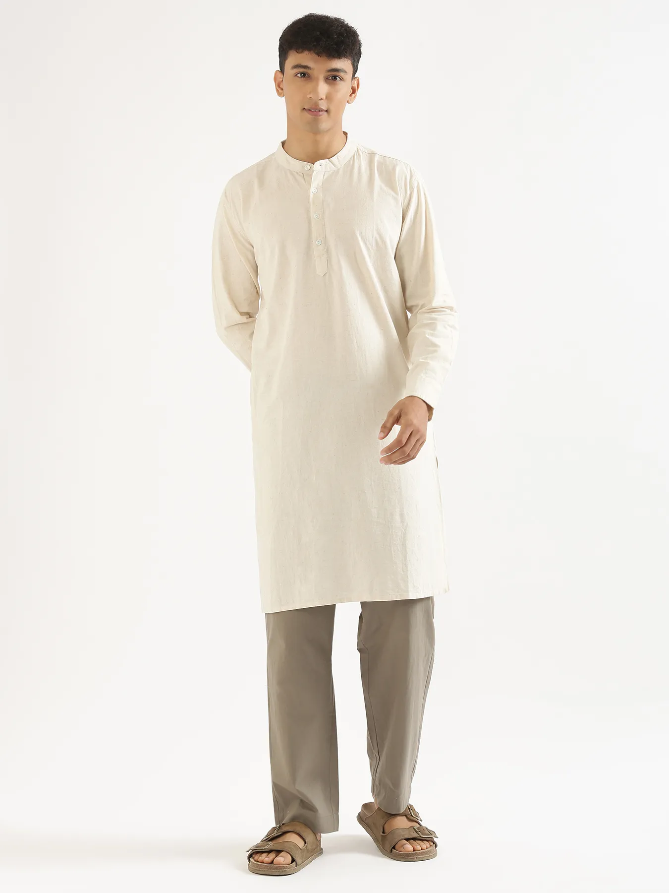 Men Ecru Airy Linen Long Kurta - Image 9