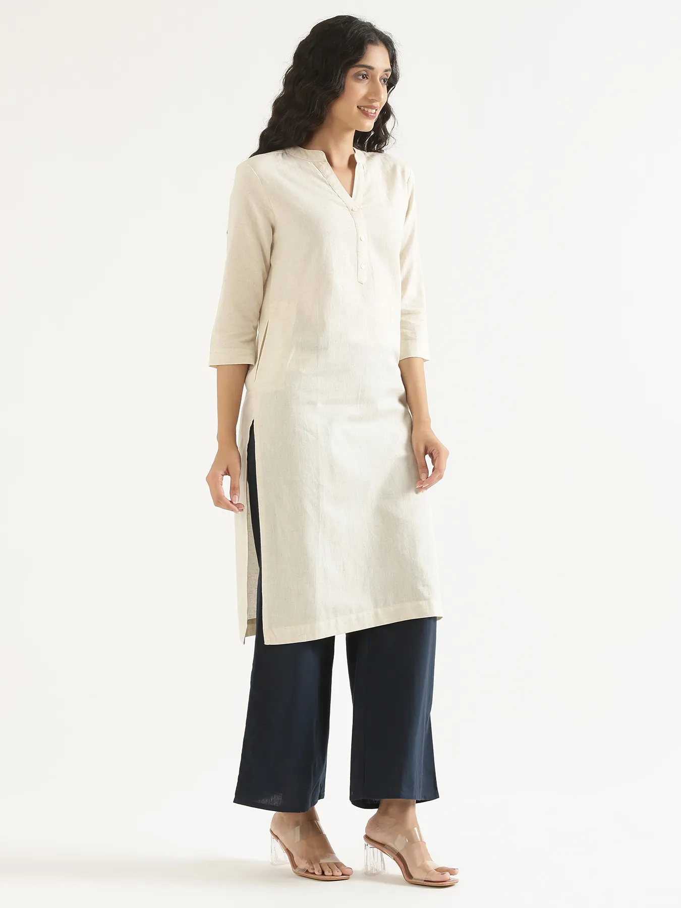 Women Ecru Airy Linen Long Kurta - Image 10