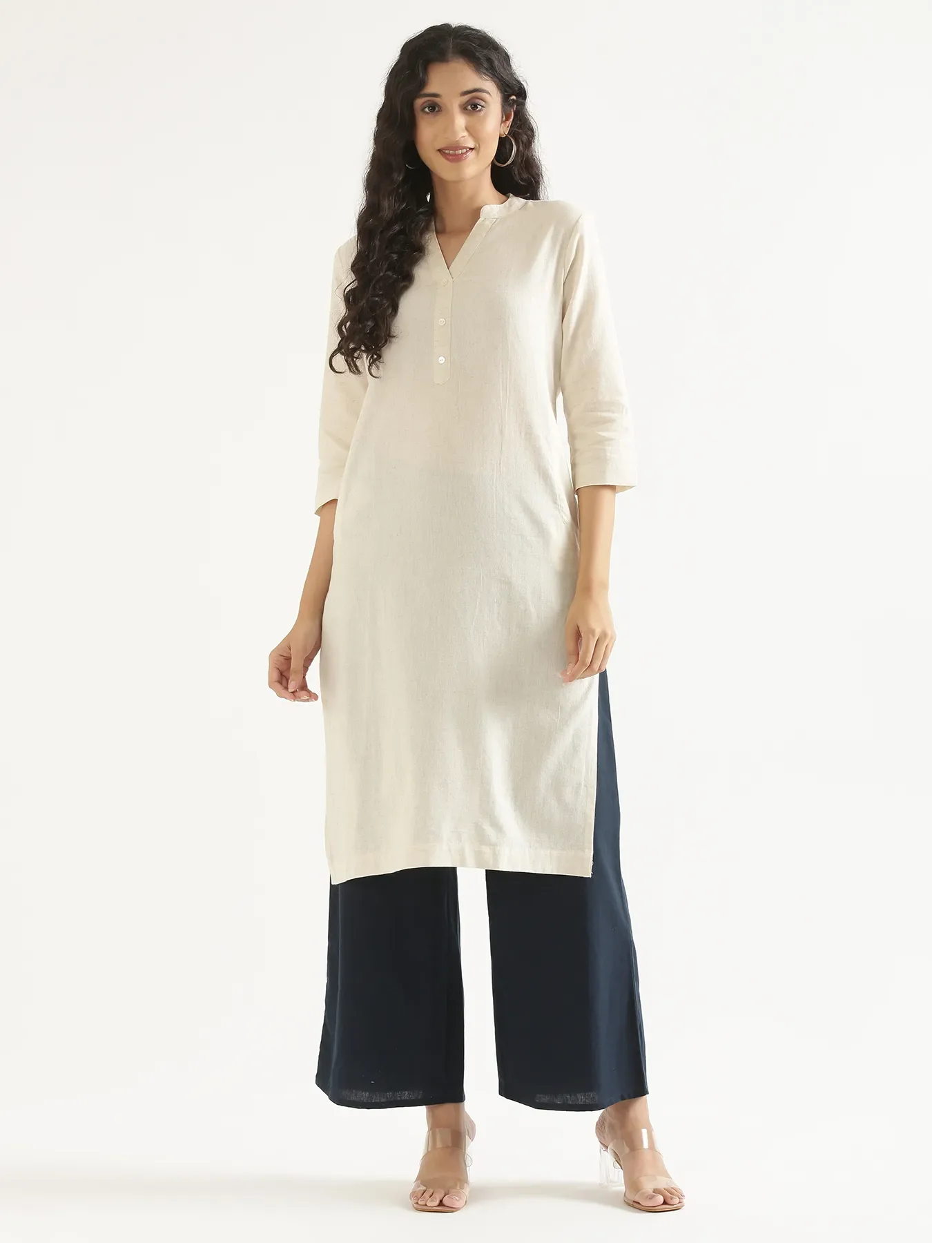 Women Ecru Airy Linen Long Kurta - Image 12