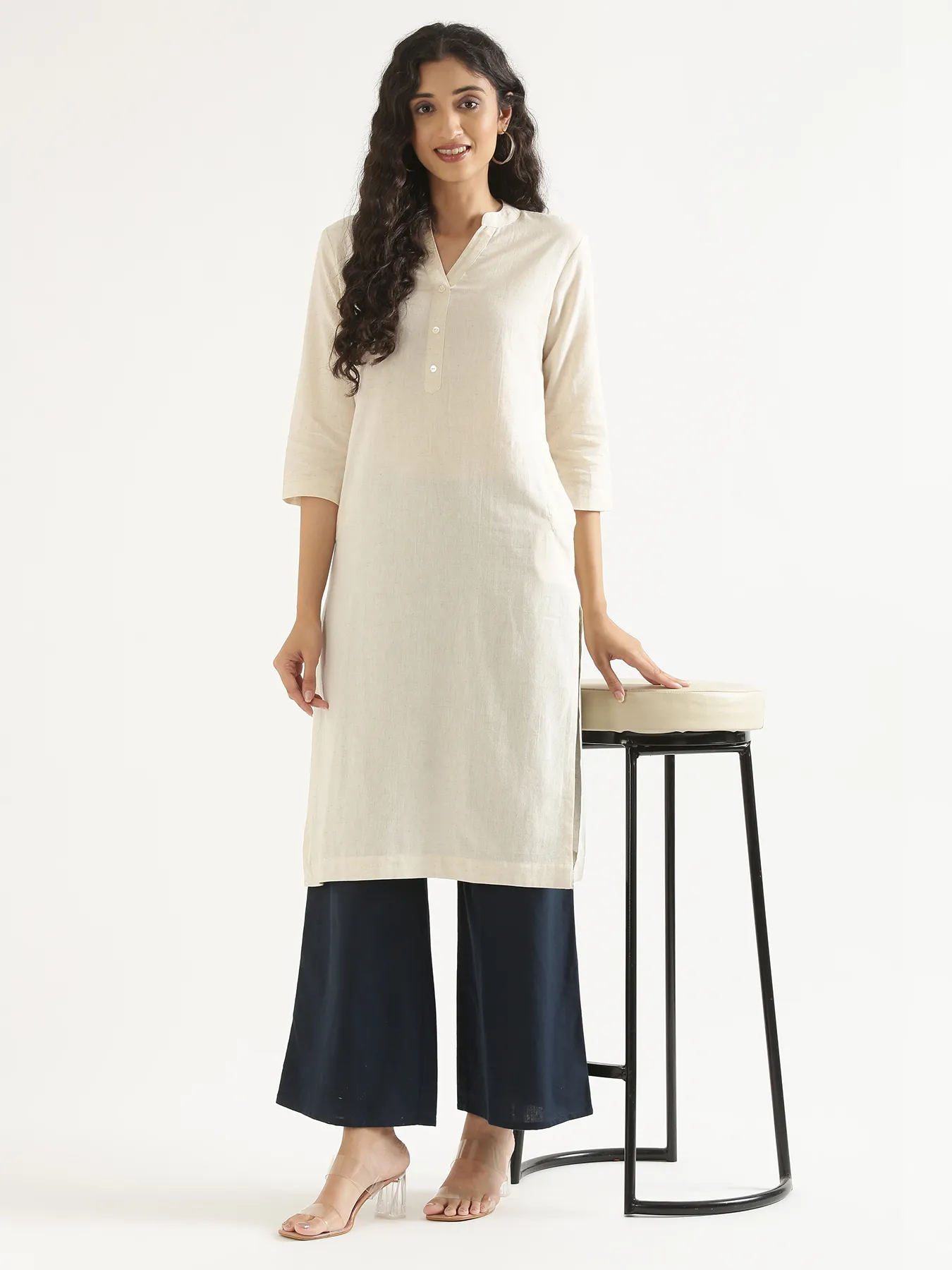 Women Ecru Airy Linen Long Kurta - Image 13