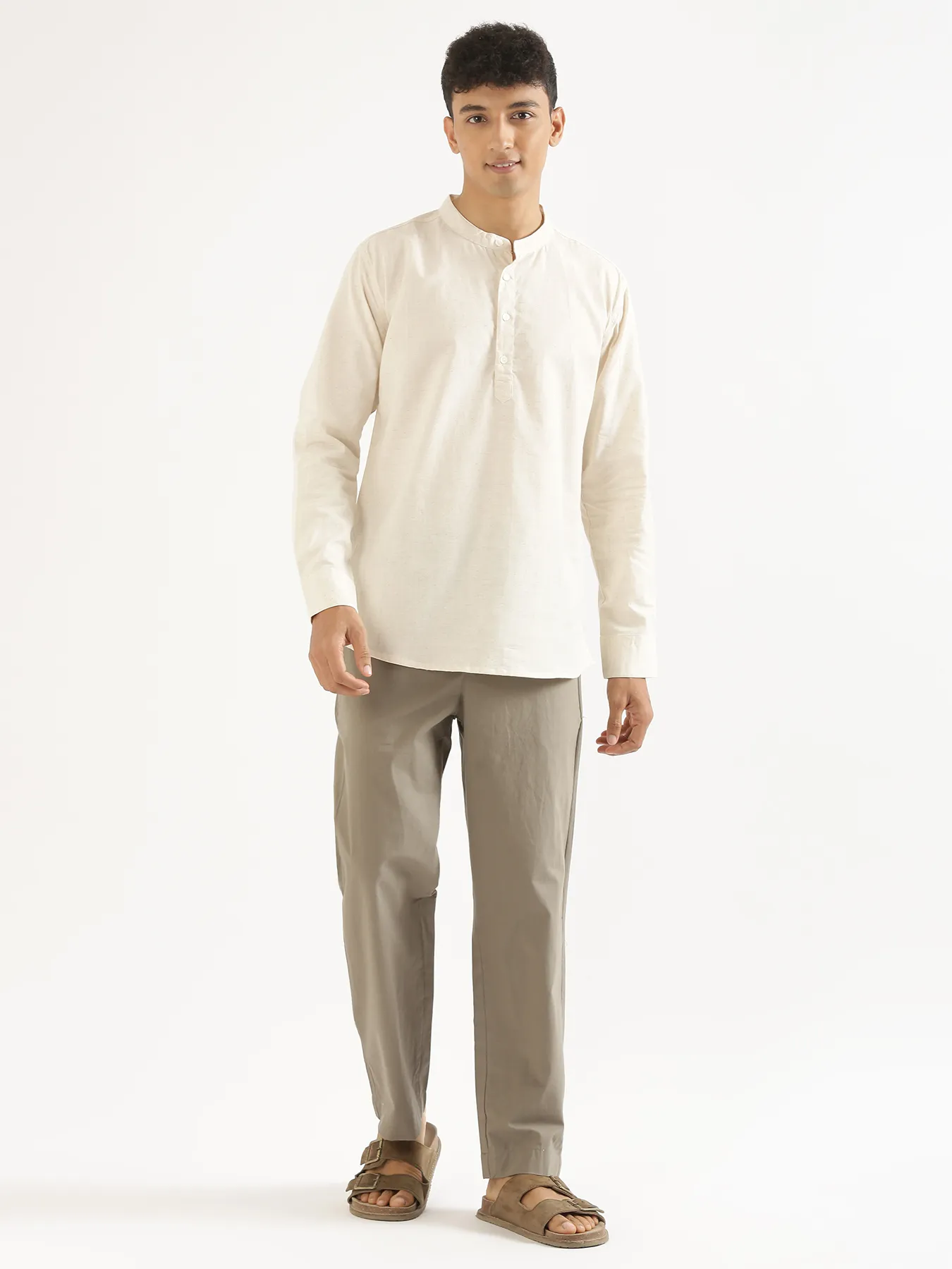 Men Ecru Airy Linen Short Kurta - Image 3