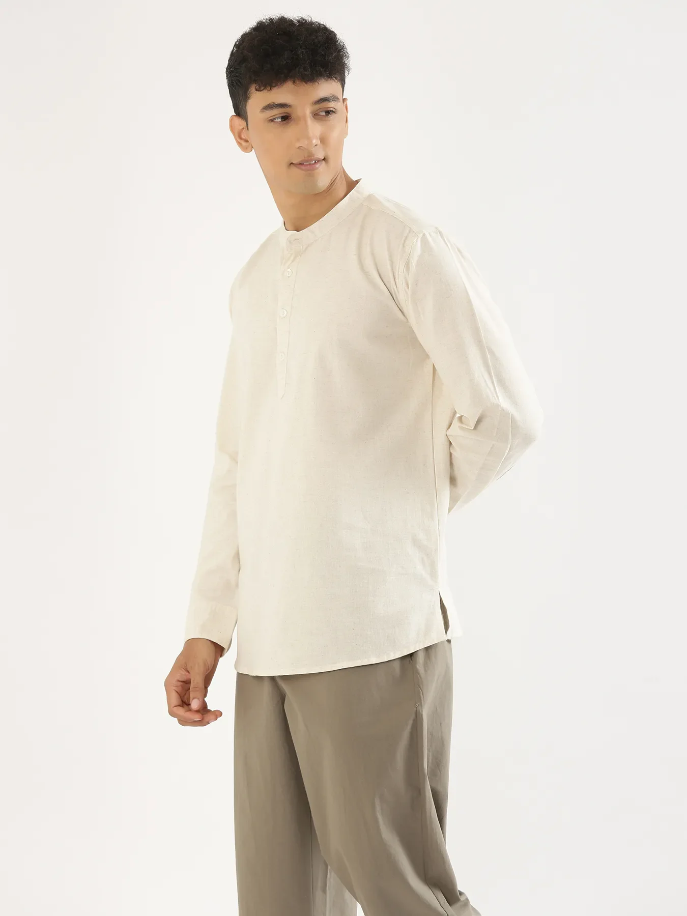Men Ecru Airy Linen Short Kurta - Image 8
