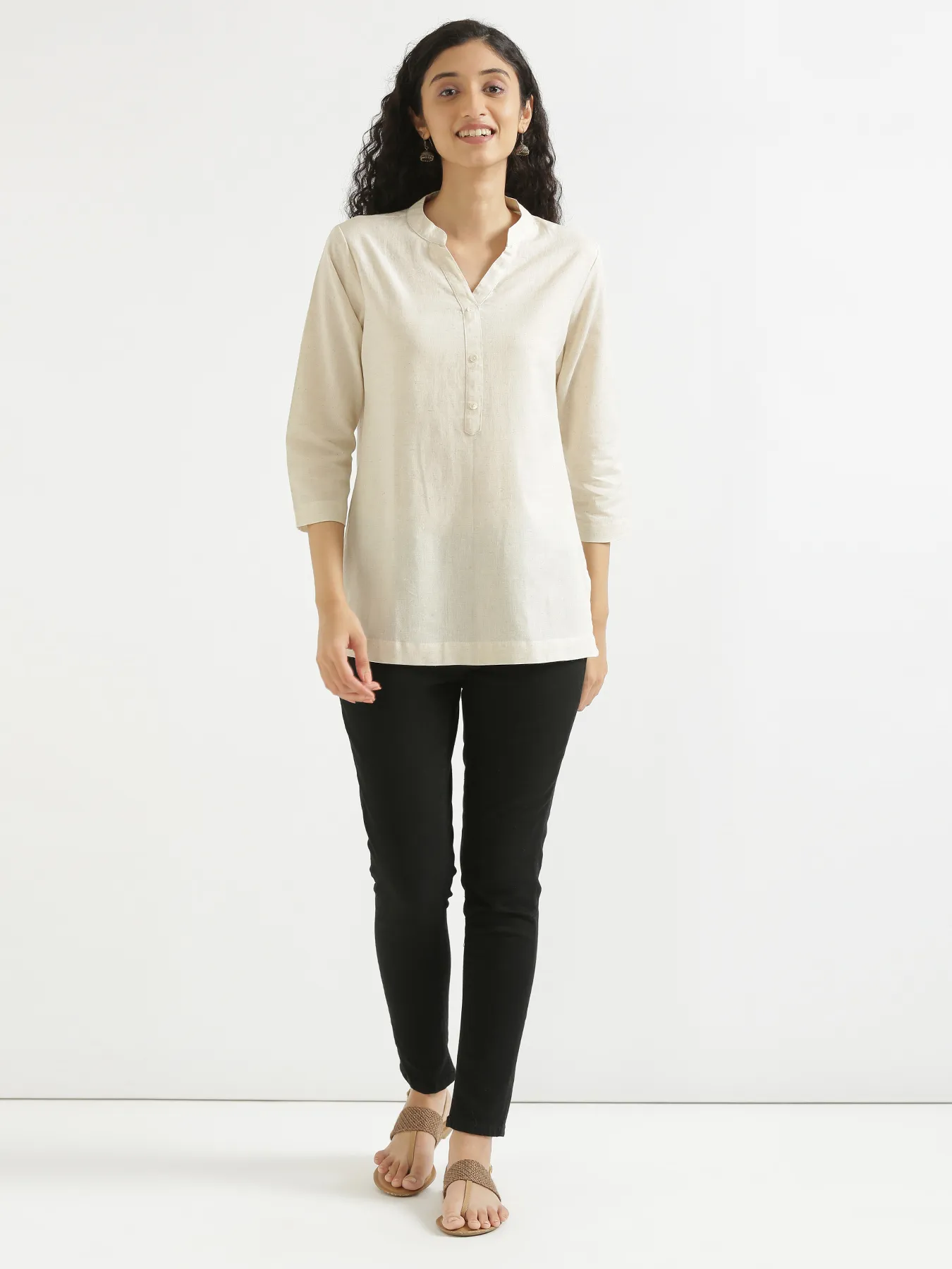 Women Ecru Airy Linen Short Kurta - Image 10