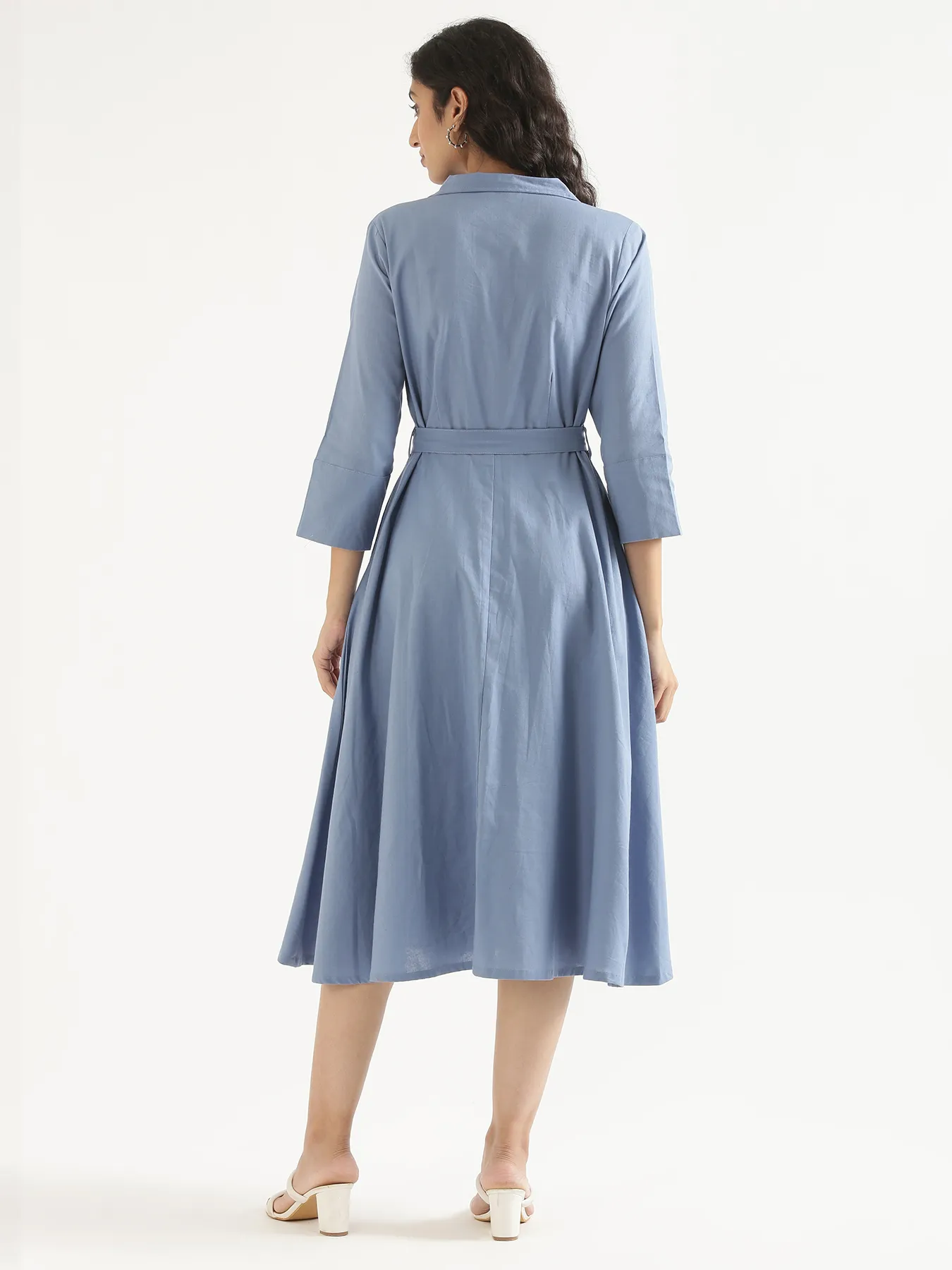 Women English Blue Airy Linen Flared Dress - Image 10