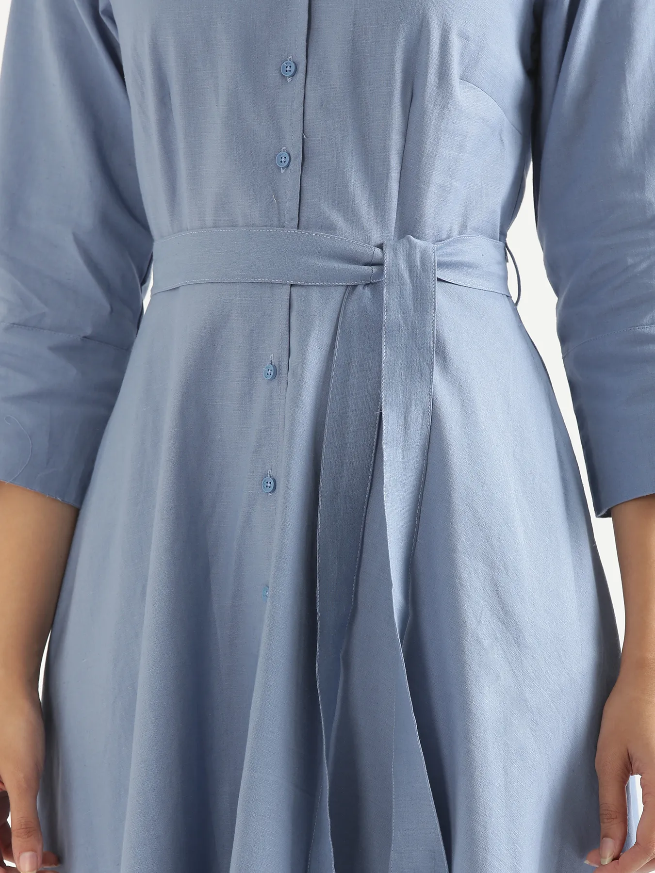 Women English Blue Airy Linen Flared Dress - Image 11
