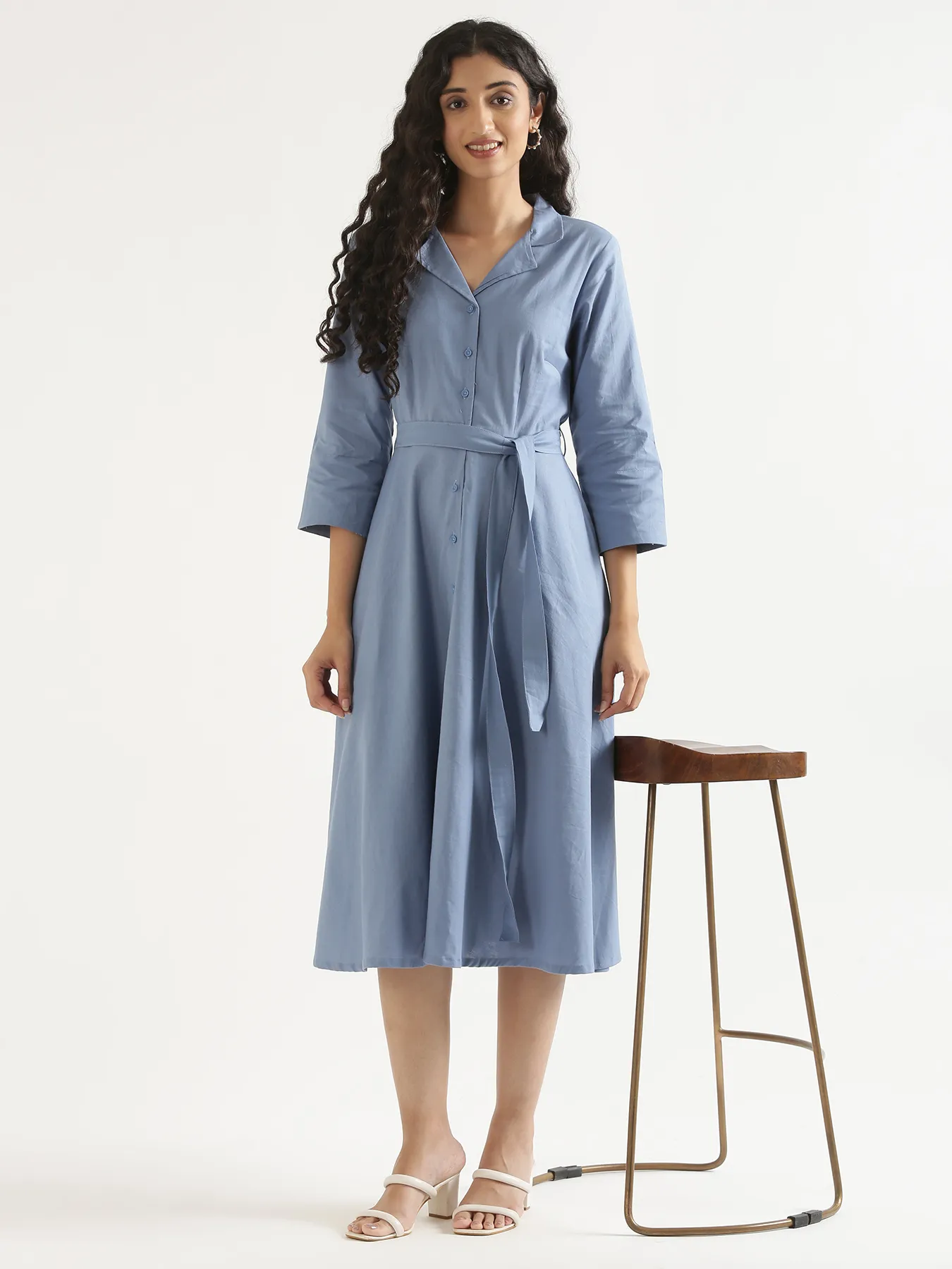 Women English Blue Airy Linen Flared Dress - Image 3