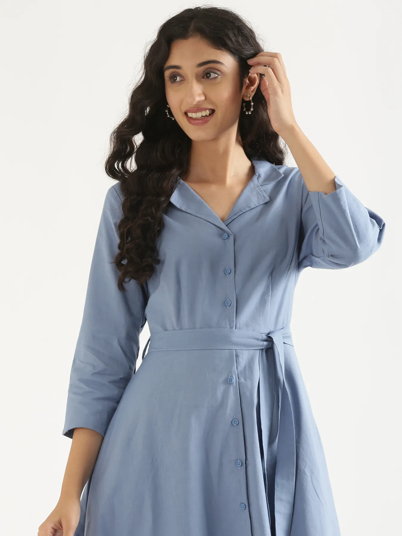 Women English Blue Airy Linen Flared Dress - Image 5
