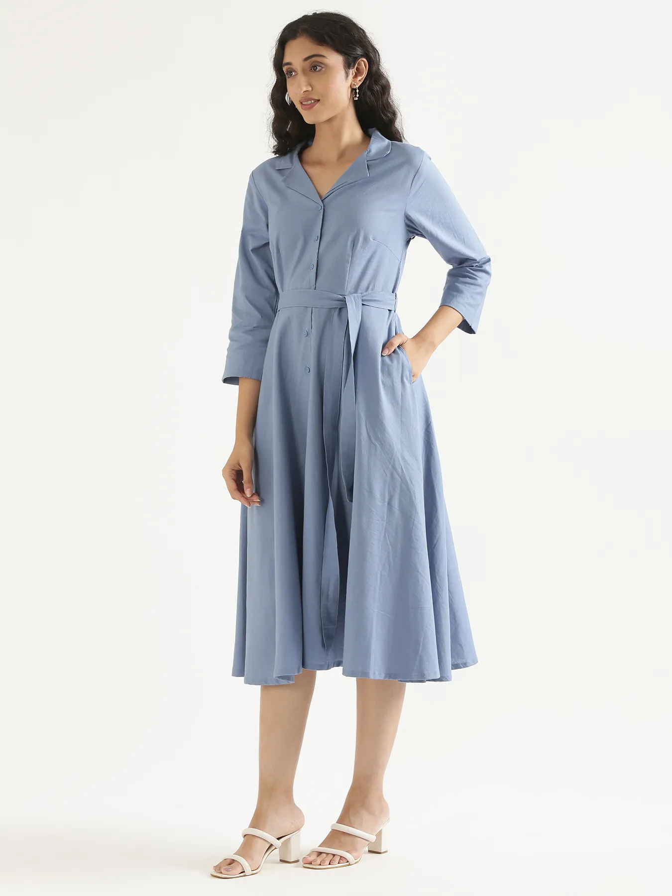 Women English Blue Airy Linen Flared Dress - Image 8