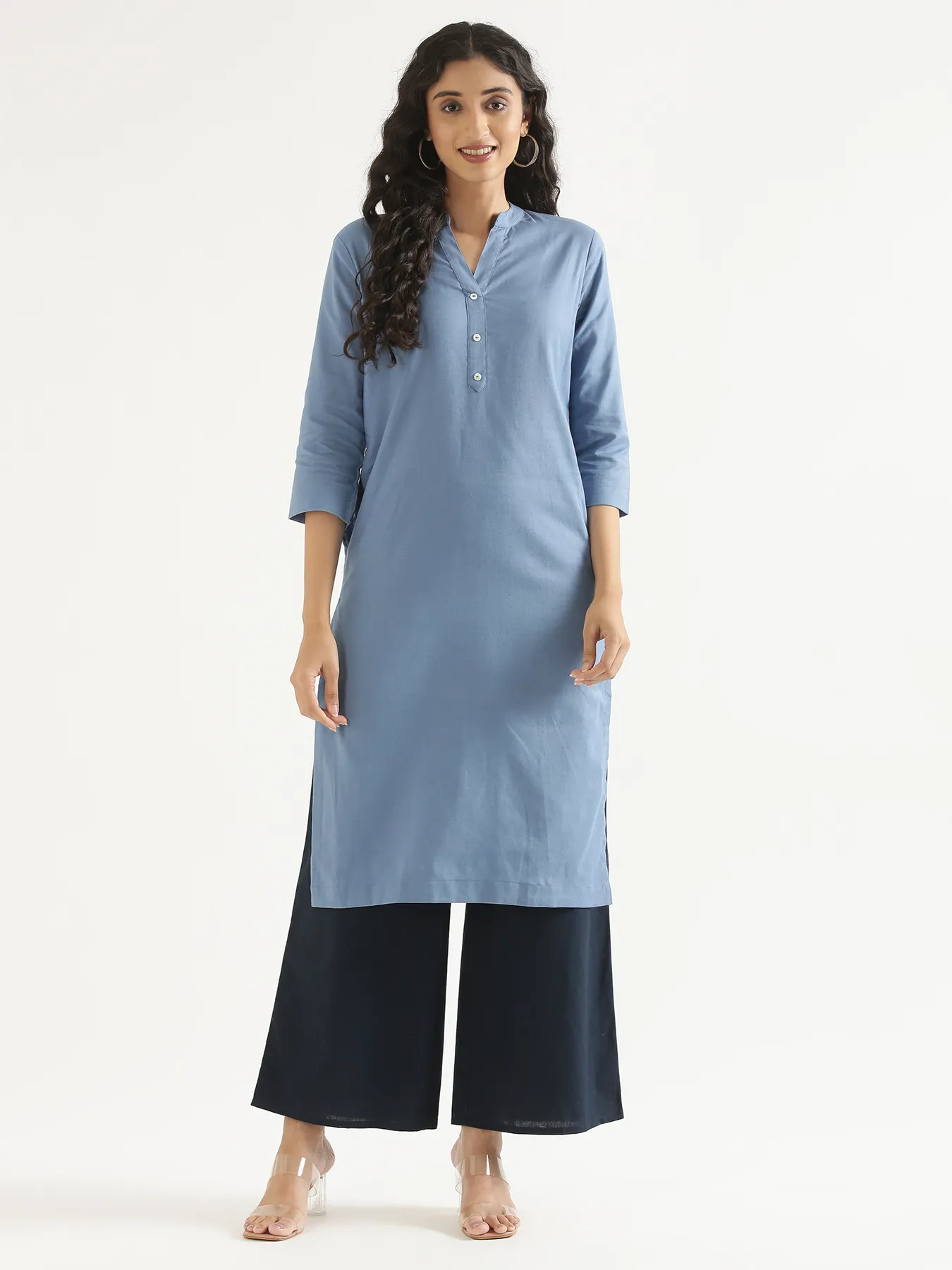 Women English Blue Airy Linen Long Kurta - Image 12