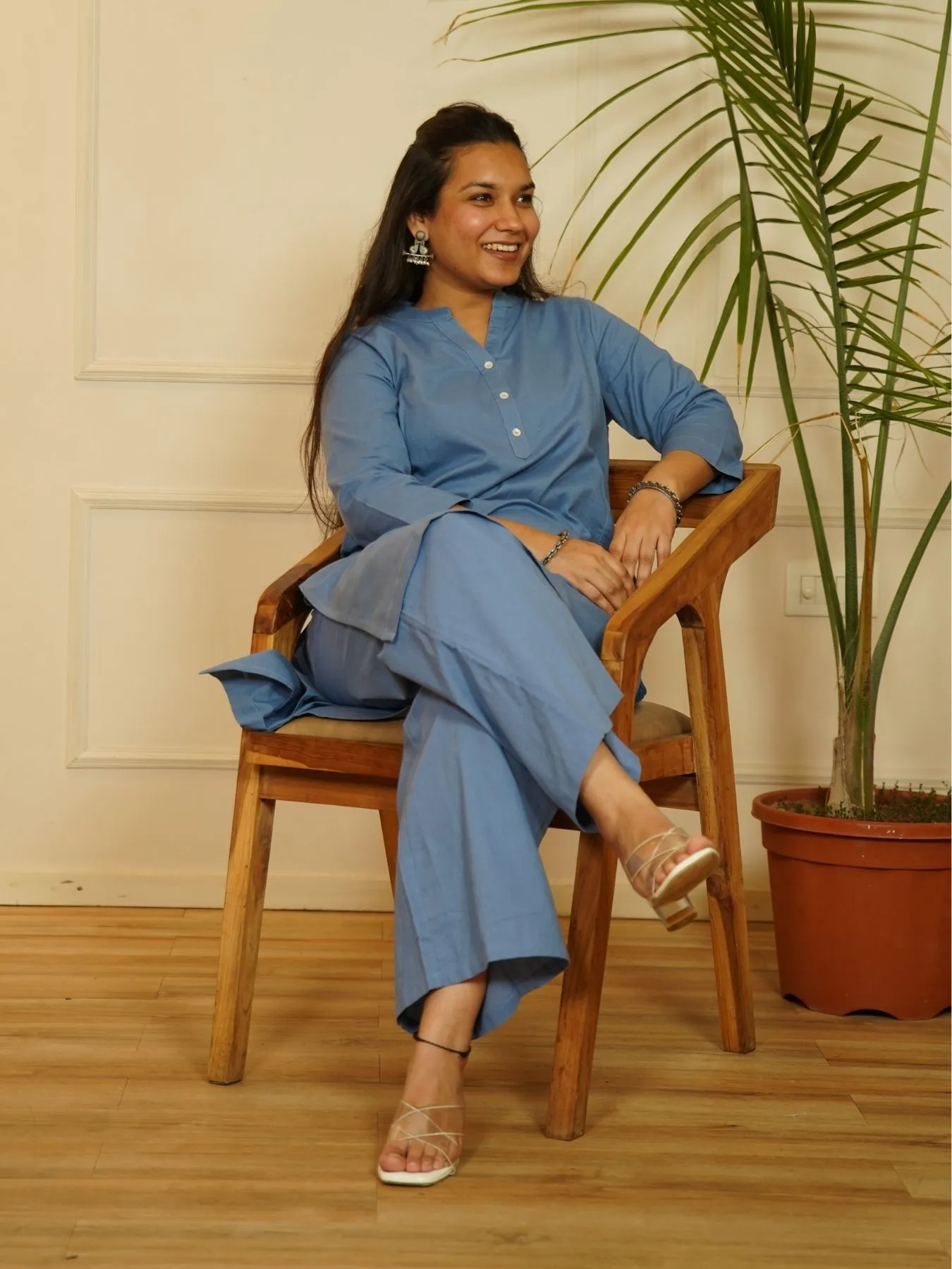 English Blue Airy Linen Long Kurta Co-ord Set - Image 3
