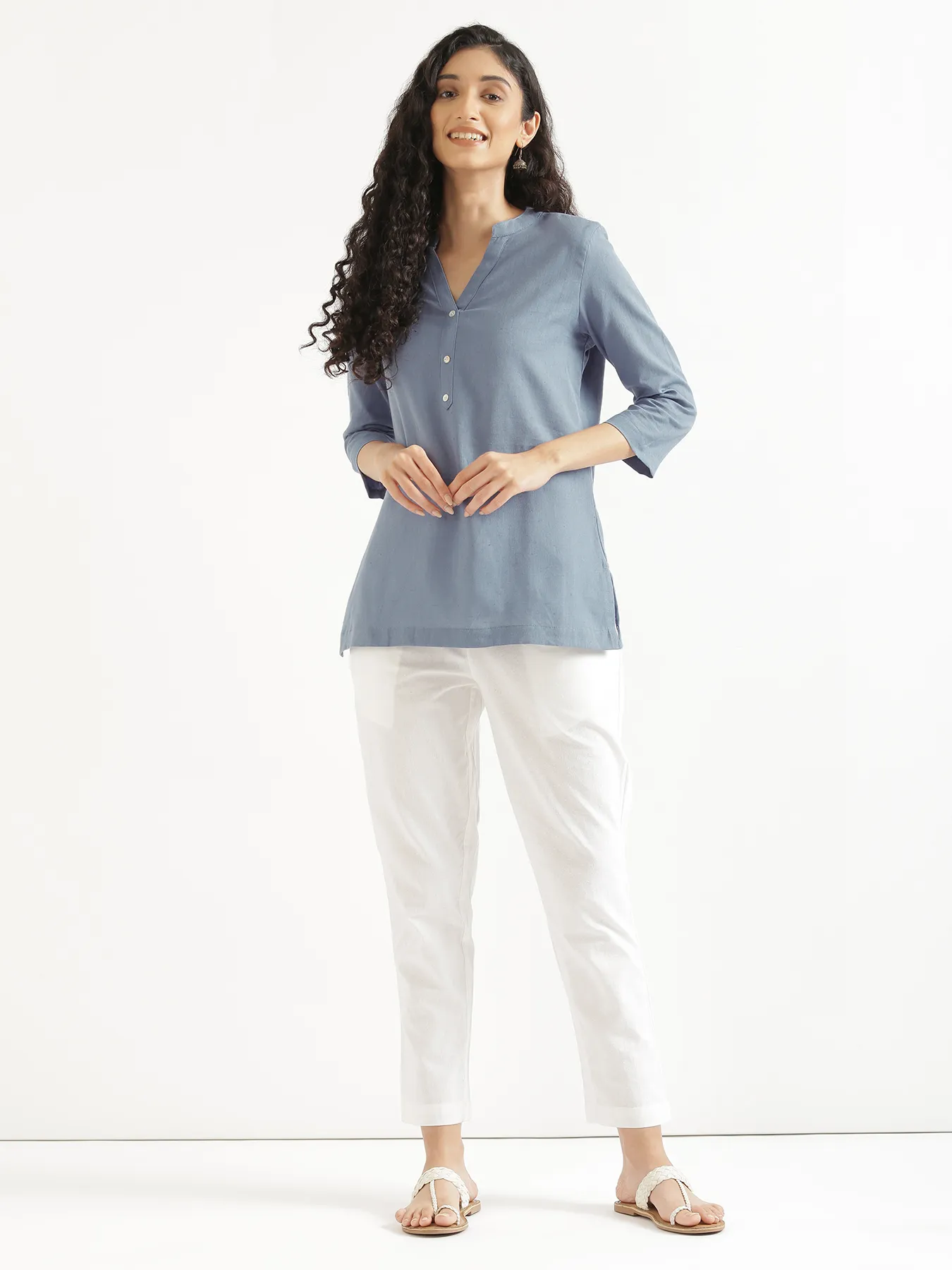 Women English Blue Airy Linen Short Kurta - Image 10