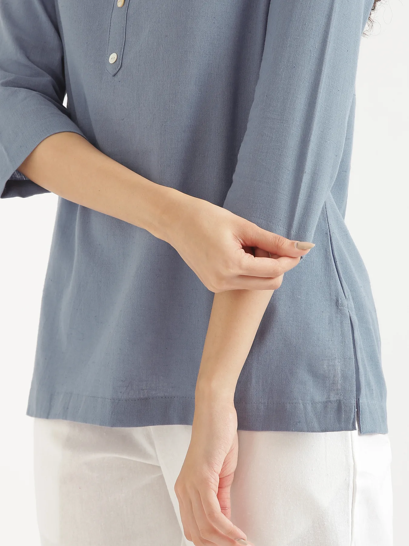 Women English Blue Airy Linen Short Kurta - Image 14