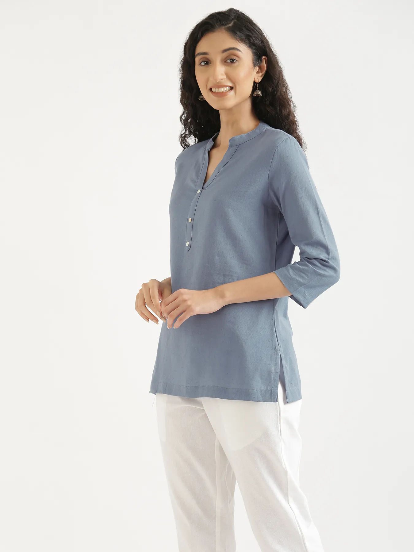 Women English Blue Airy Linen Short Kurta - Image 8
