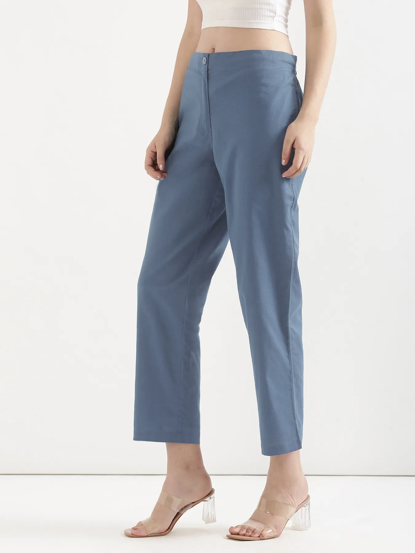 Women English Blue Airy Linen Straight Pants - Image 4