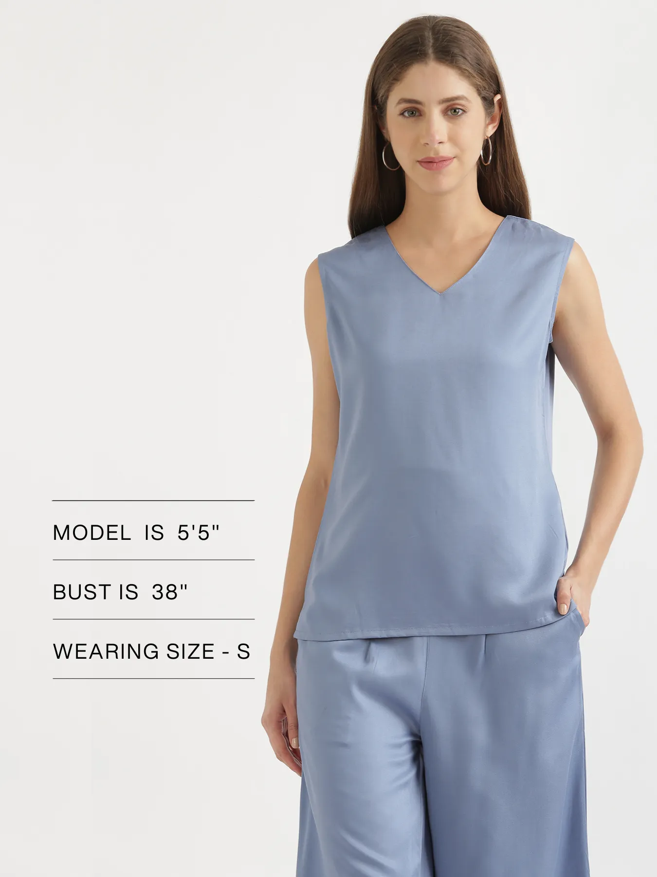 Women English Blue V-Neck Sleeveless Top - Image 12
