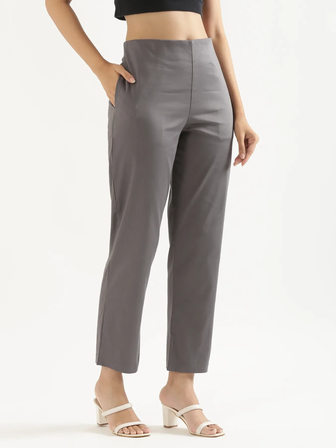 Women German Grey Straight Fit Formal Pants - Image 3