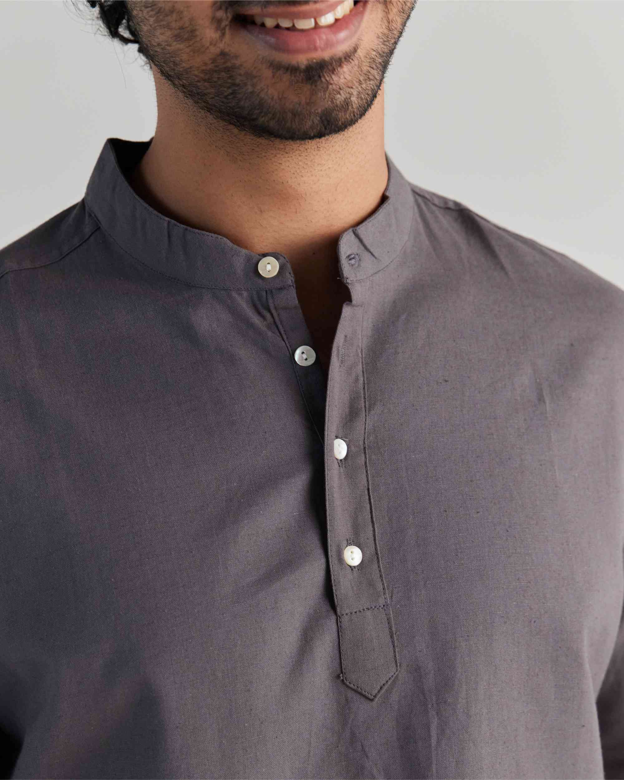 Men Grey Airy Linen Short Kurta - Image 3