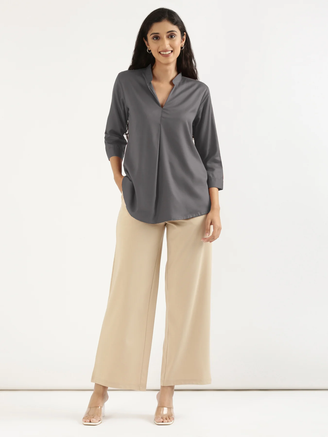 Women Grey Viscose Pleated Top - Image 4