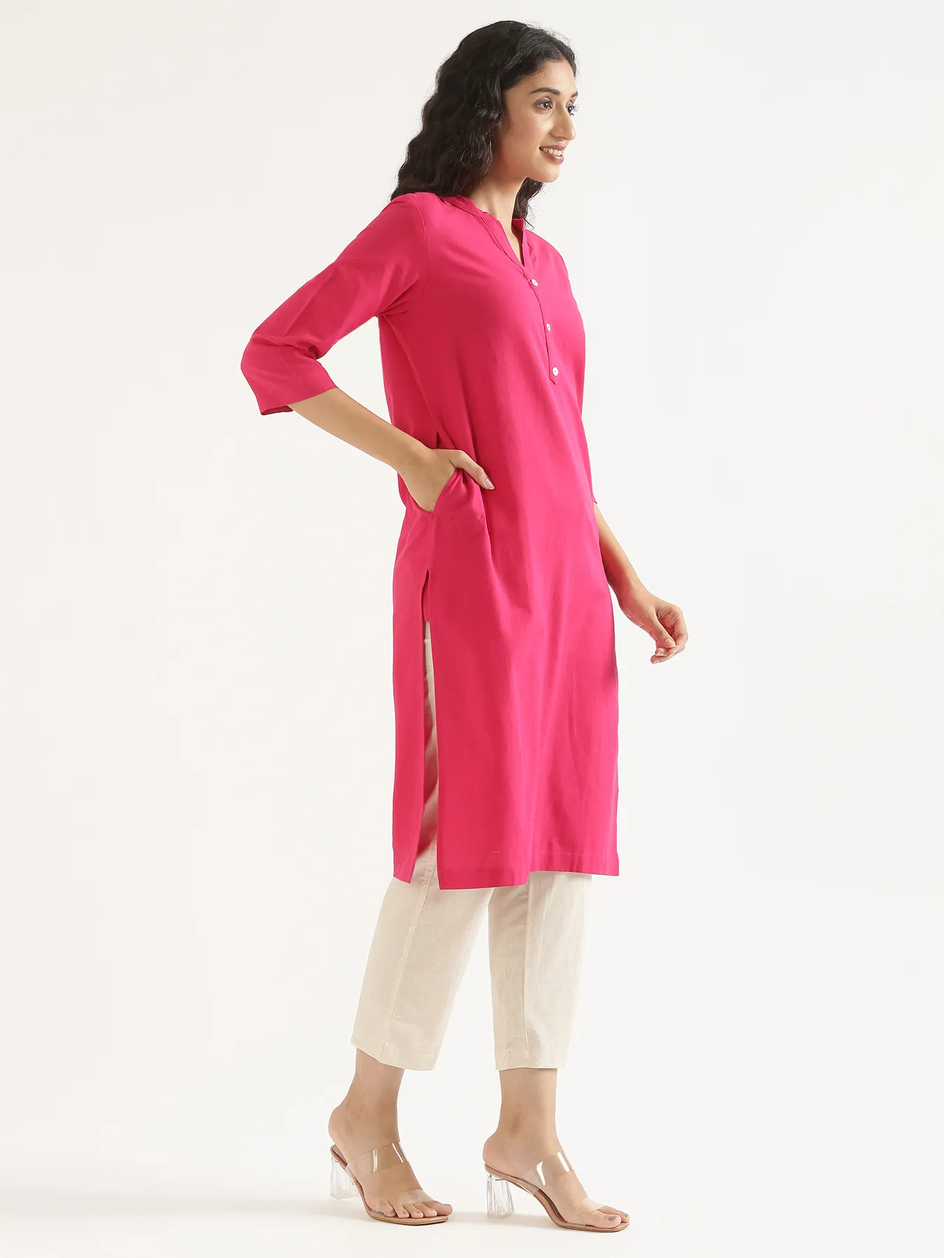 Women Hot Pink Airy Linen Long Kurta - Image 10