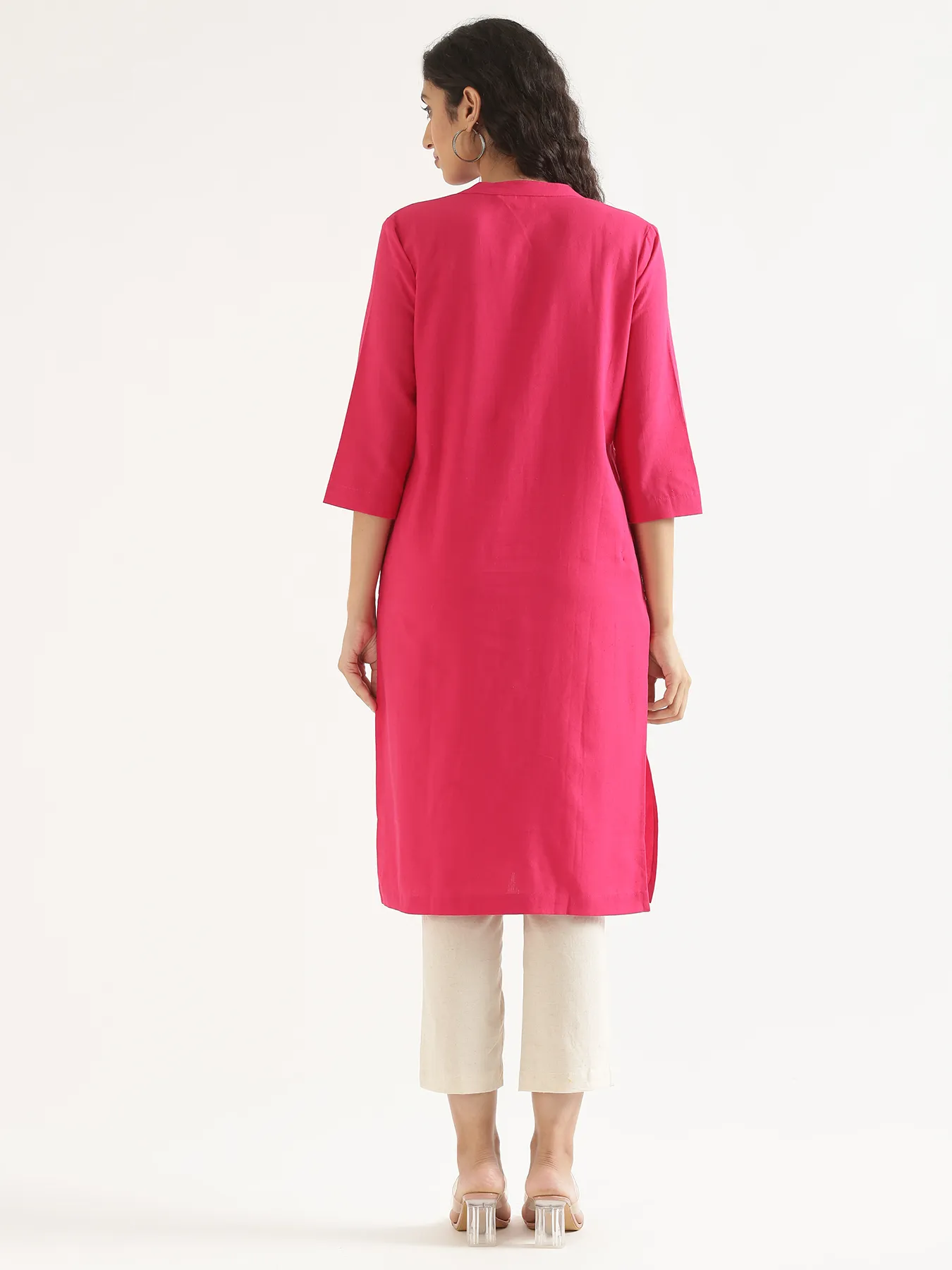 Women Hot Pink Airy Linen Long Kurta - Image 11