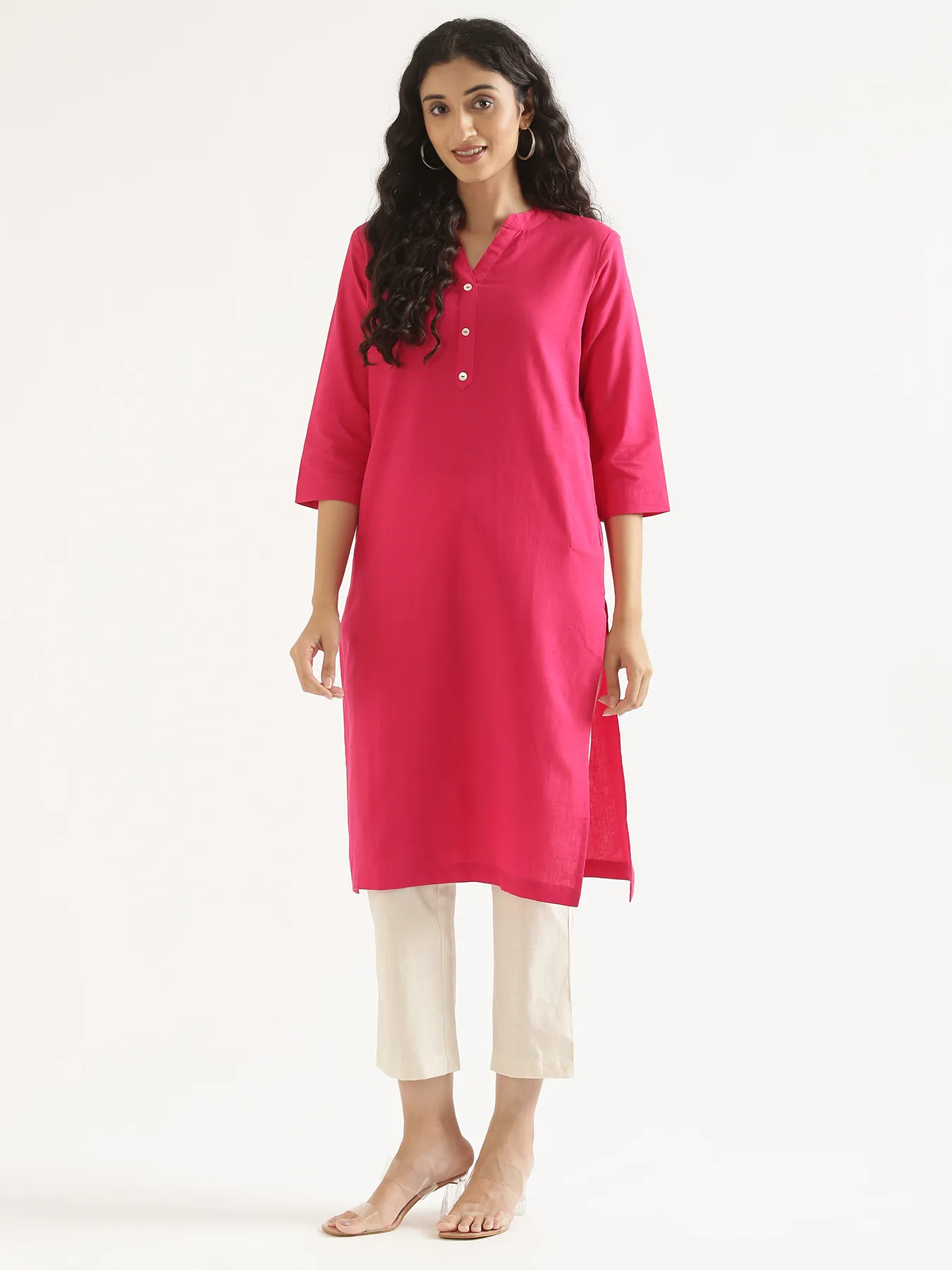 Women Hot Pink Airy Linen Long Kurta - Image 12