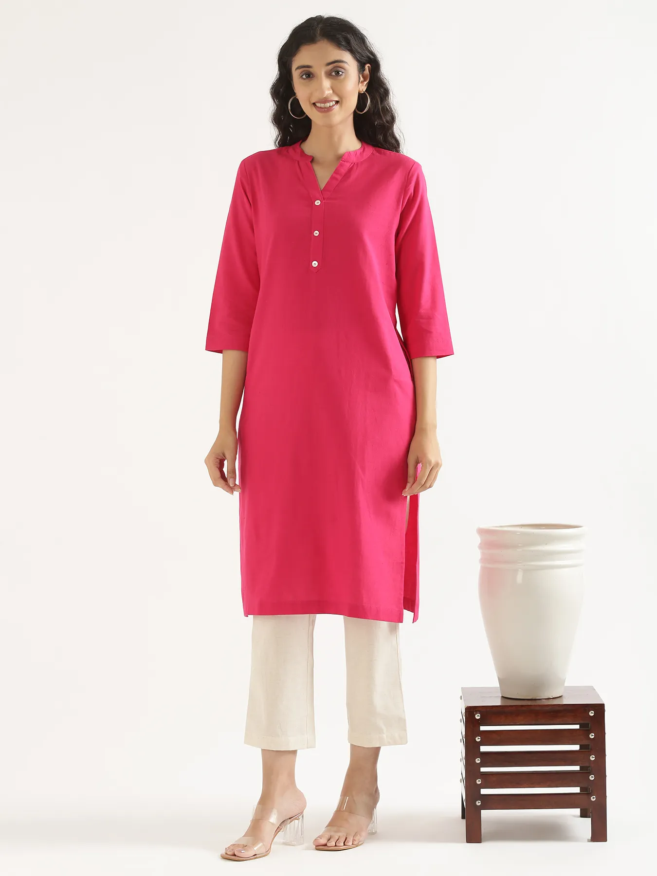 Women Hot Pink Airy Linen Long Kurta - Image 13