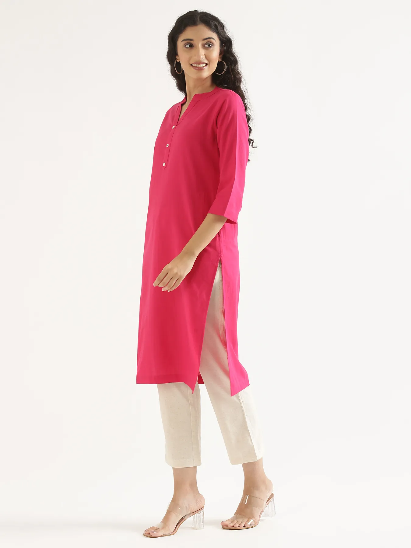 Women Hot Pink Airy Linen Long Kurta - Image 3