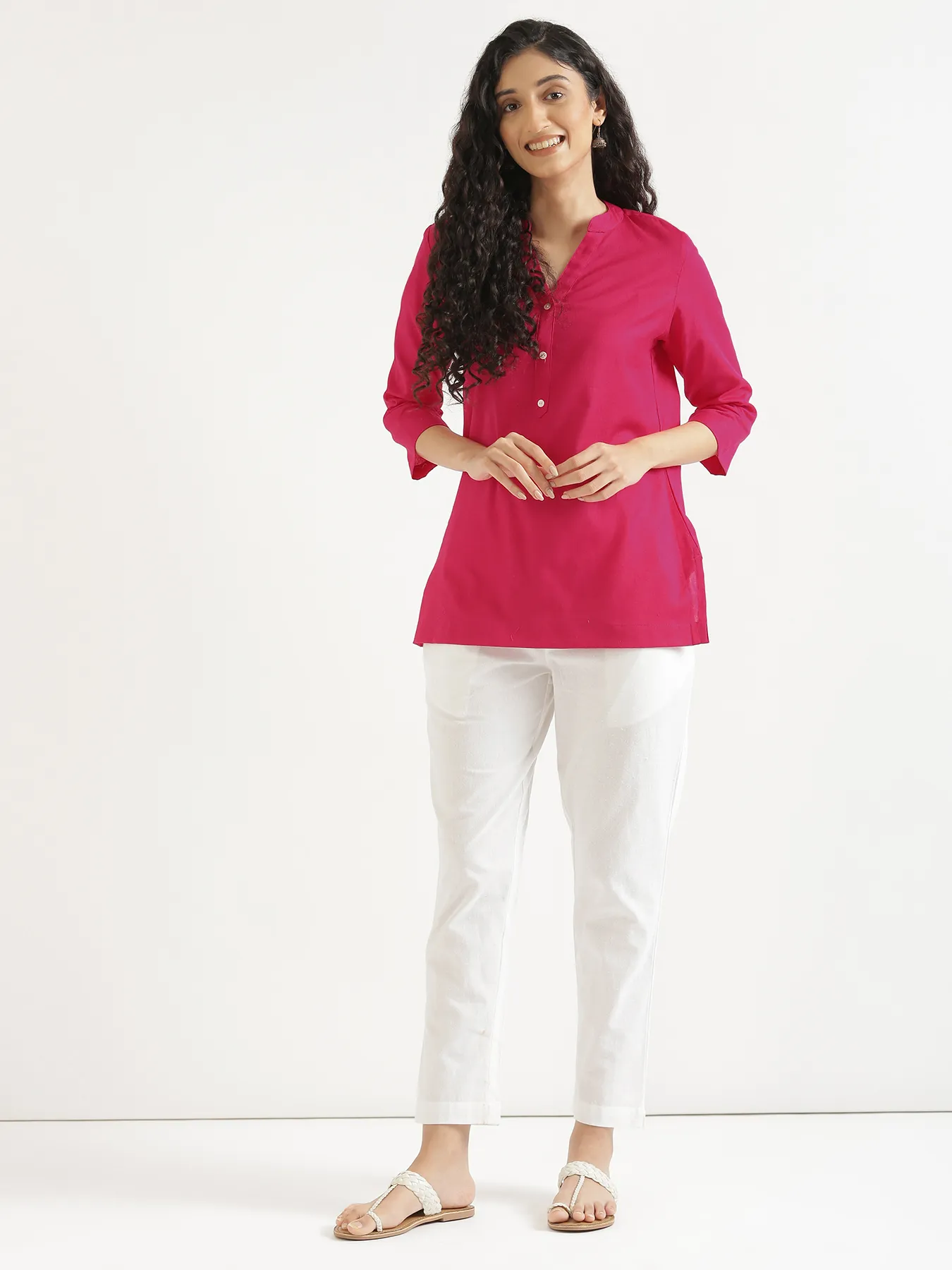 Women Hot Pink Airy Linen Short Kurta - Image 12