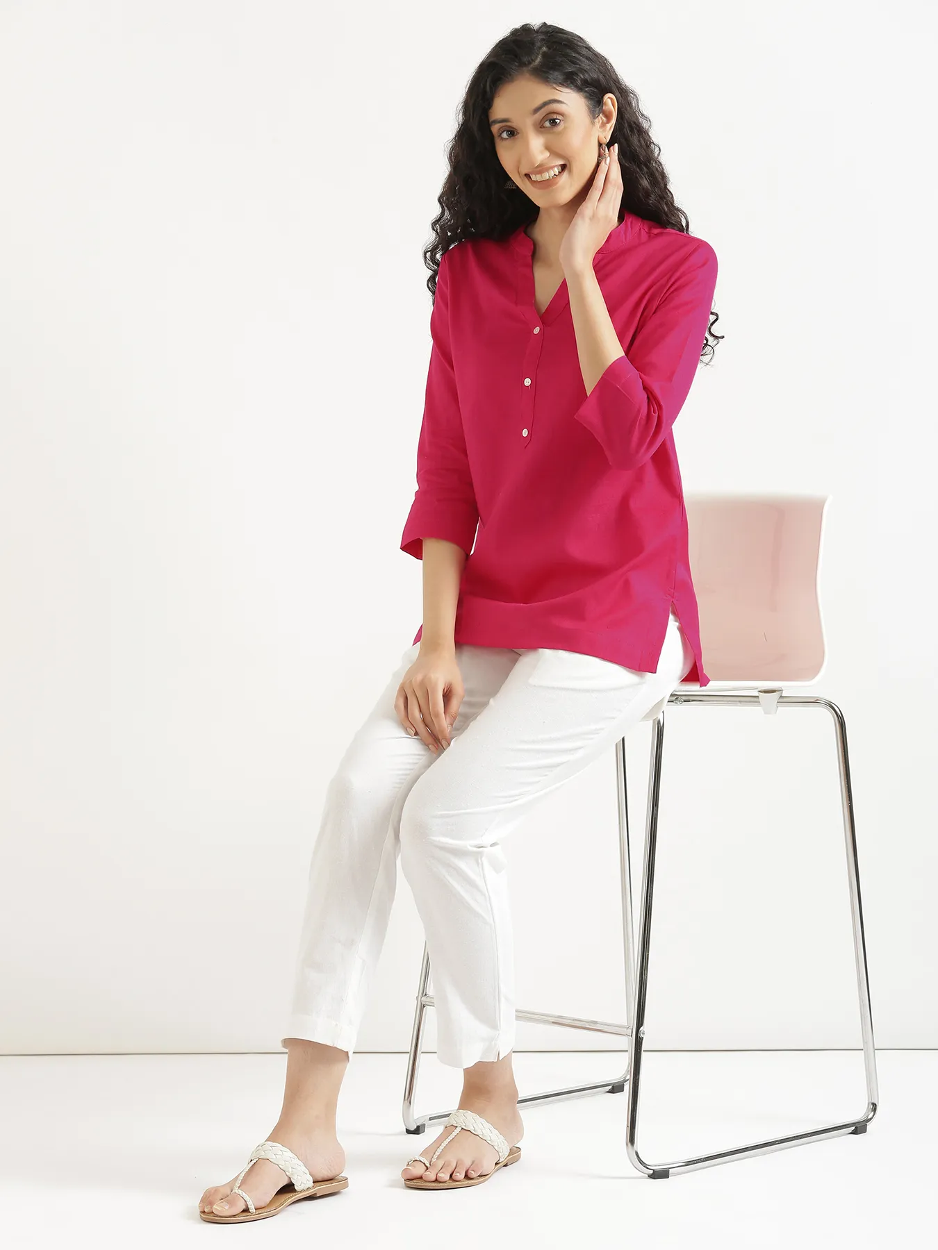 Women Hot Pink Airy Linen Short Kurta - Image 13