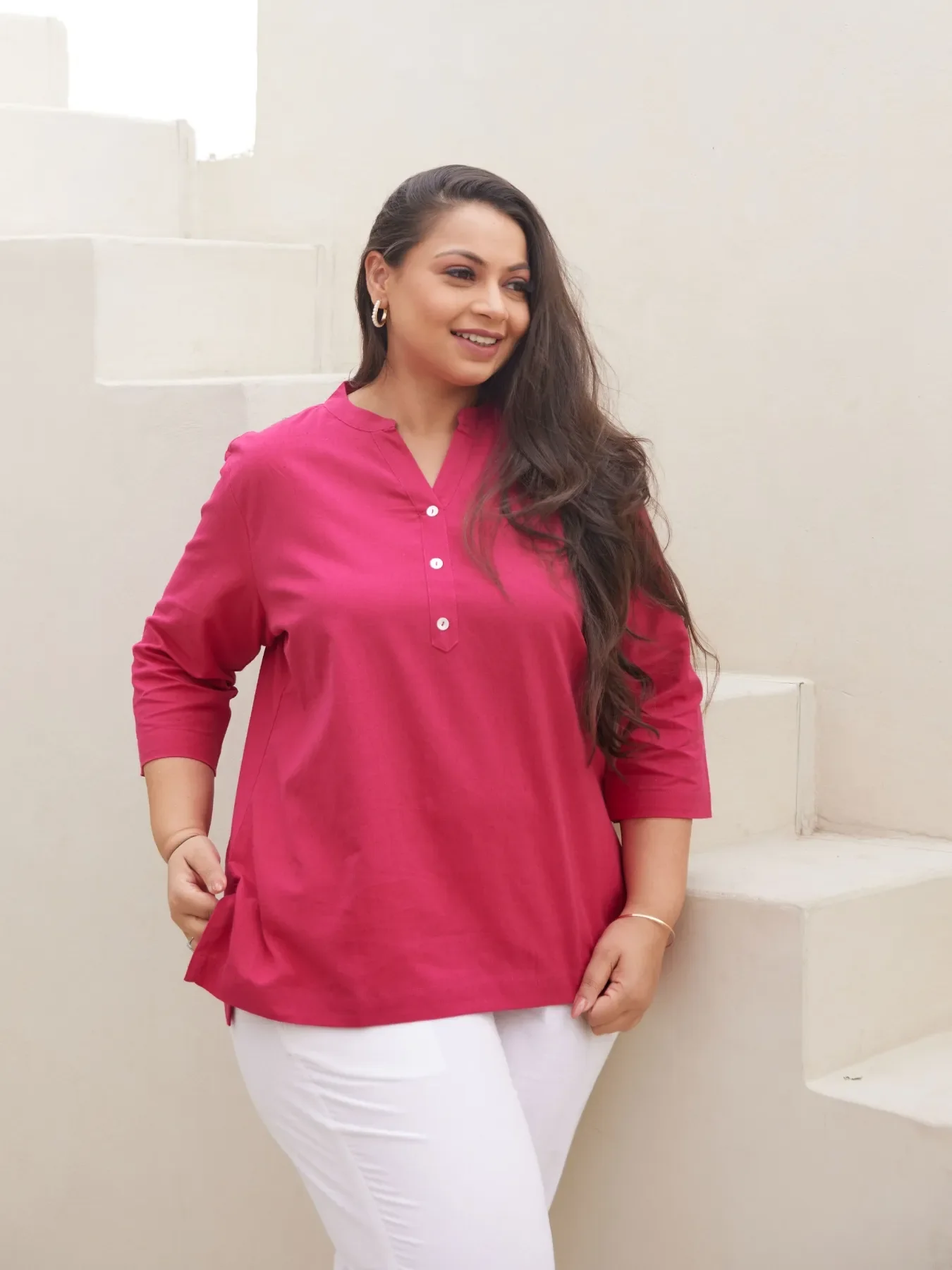 Women Hot Pink Airy Linen Short Kurta - Image 4