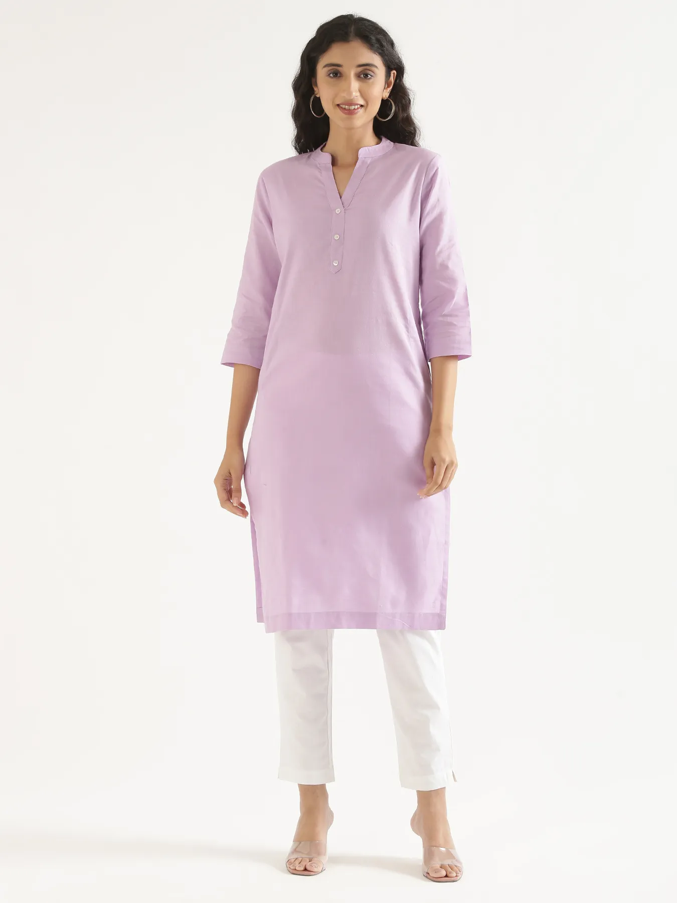 Women Lilac Airy Linen Long Kurta - Image 3