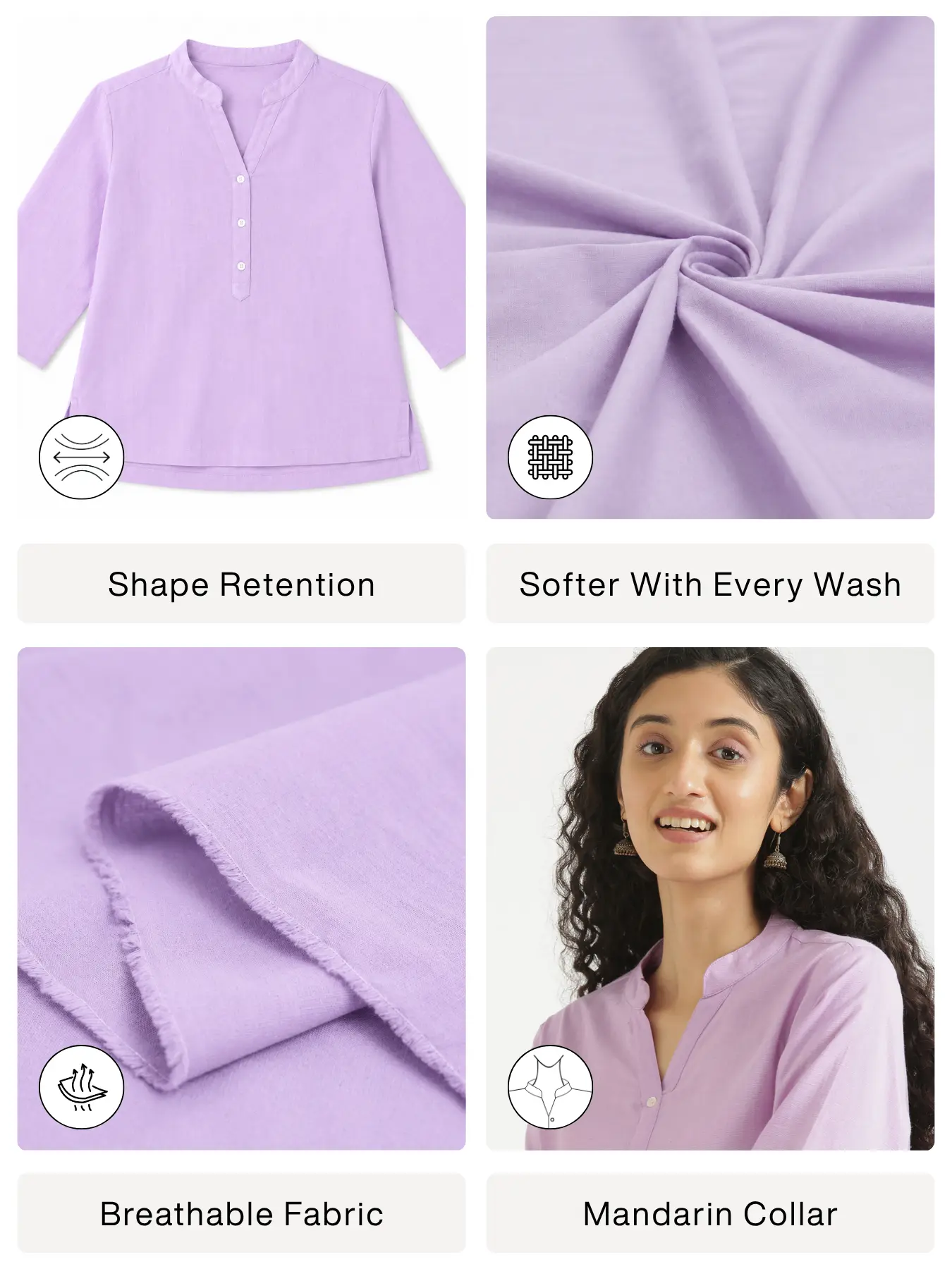 Women Lilac Airy Linen Short Kurta - Image 2