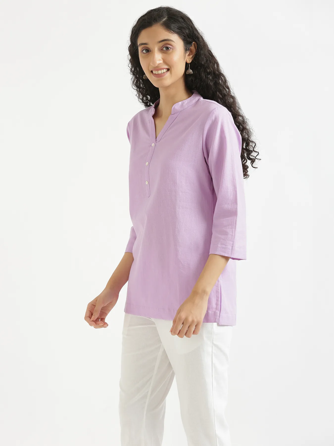 Women Lilac Airy Linen Short Kurta - Image 5