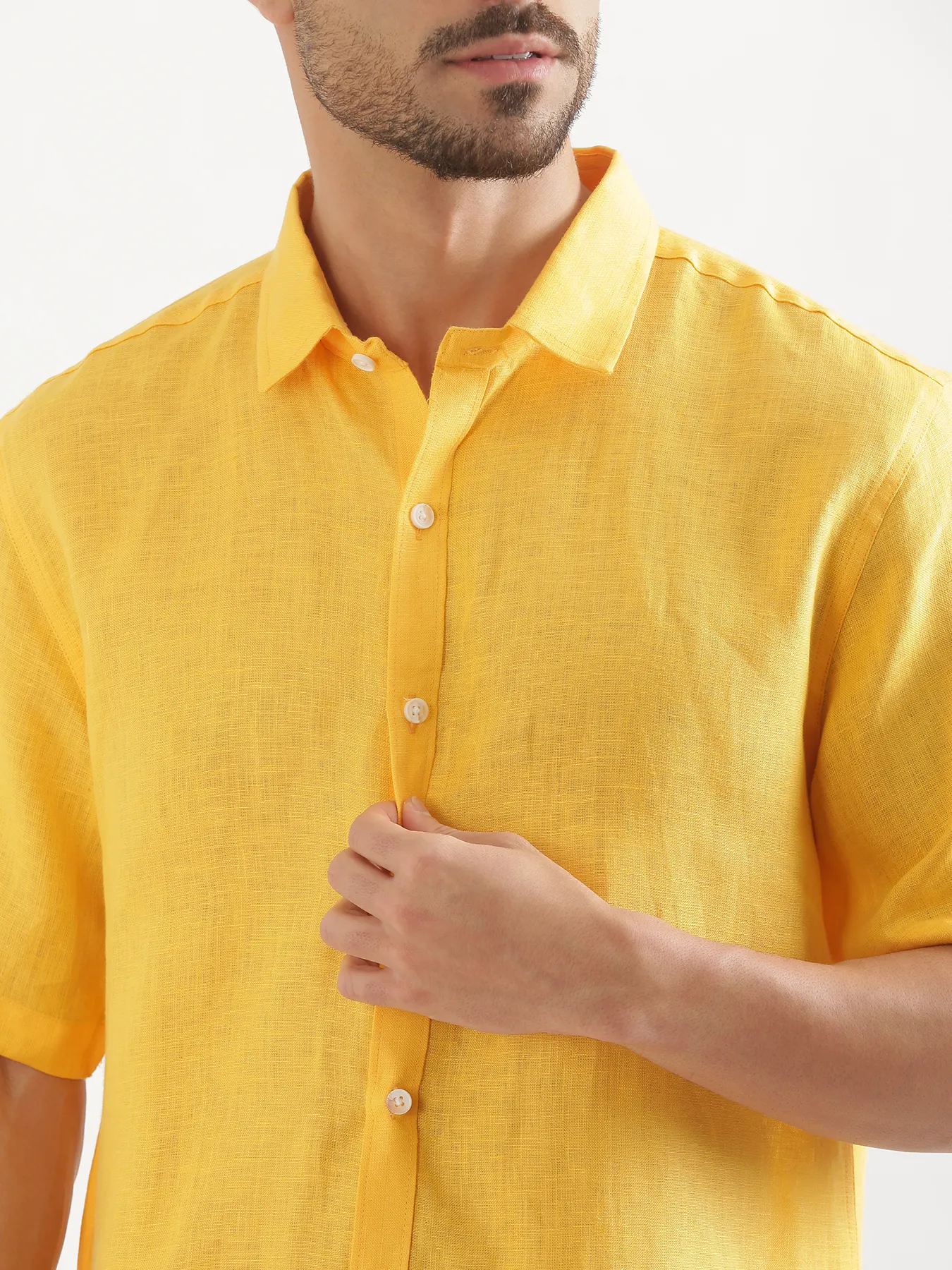 Men Mango Yellow 100% Linen Half Sleeve Shirt - Image 6