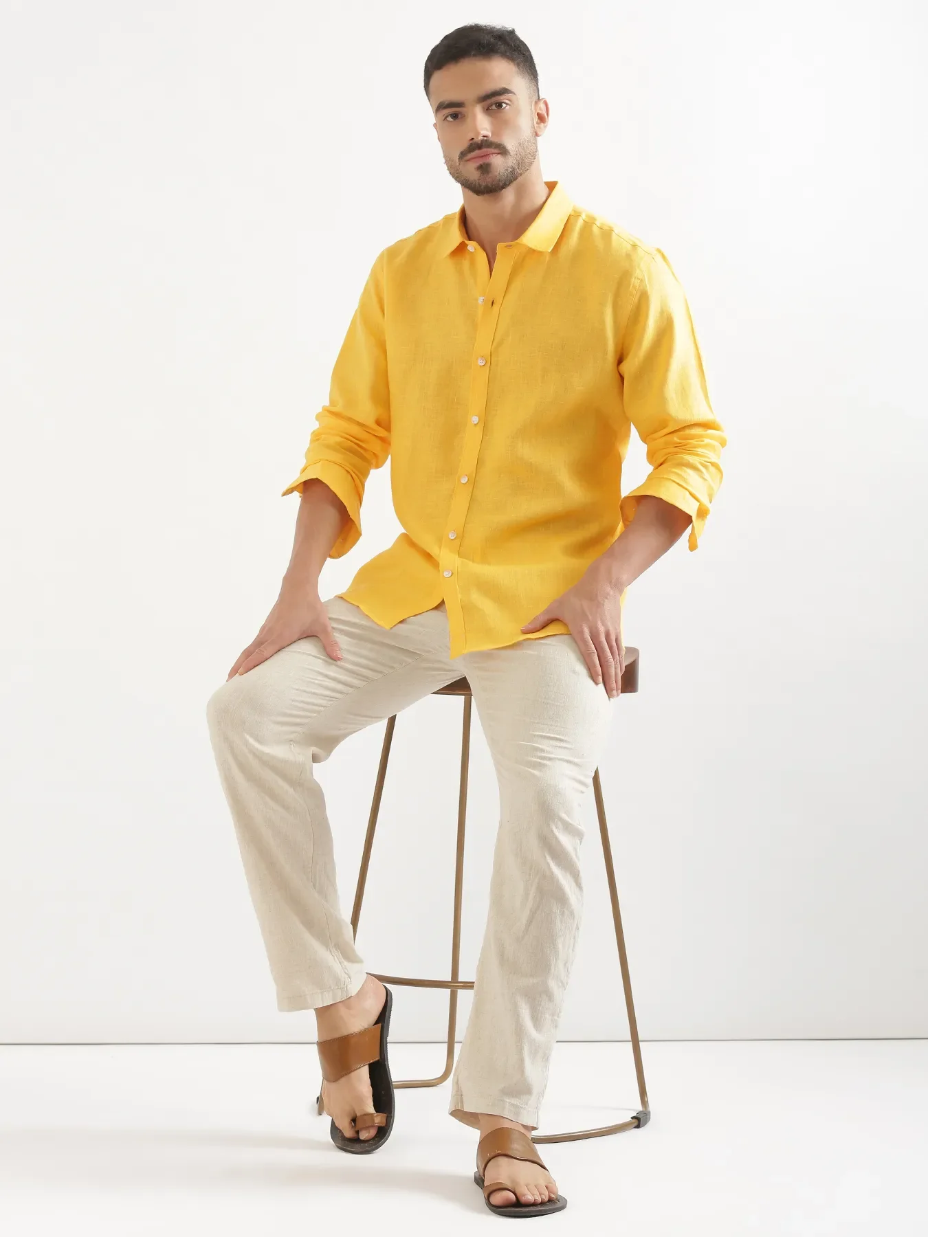 Men Mango Yellow 100% Full Sleeve Linen Shirt - Image 10