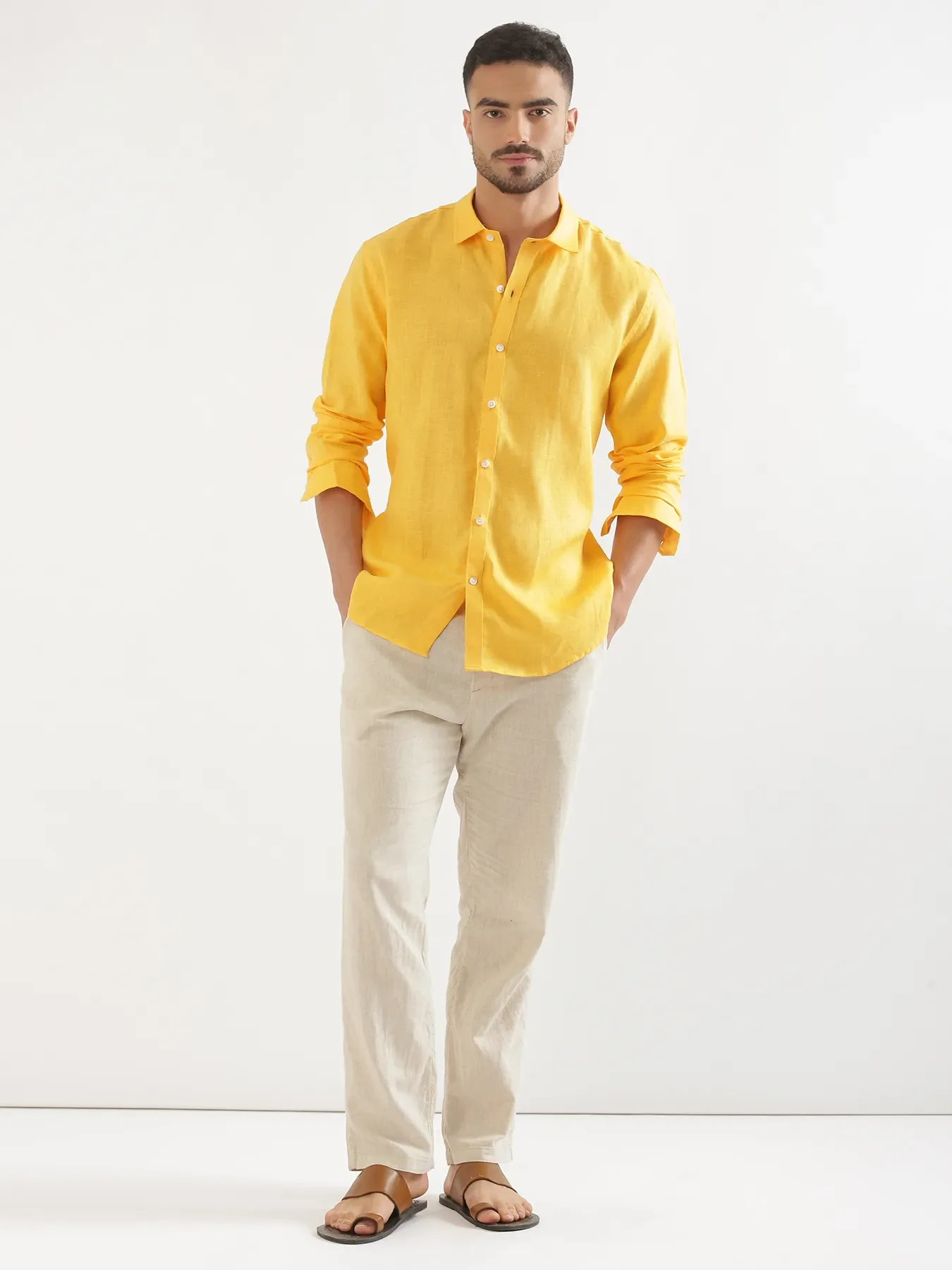 Men Mango Yellow 100% Full Sleeve Linen Shirt - Image 8
