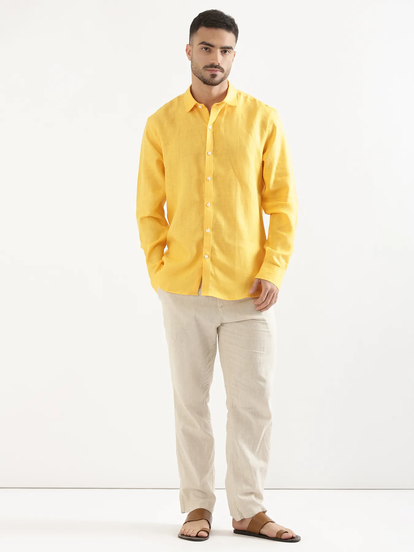 Men Mango Yellow 100% Full Sleeve Linen Shirt - Image 9