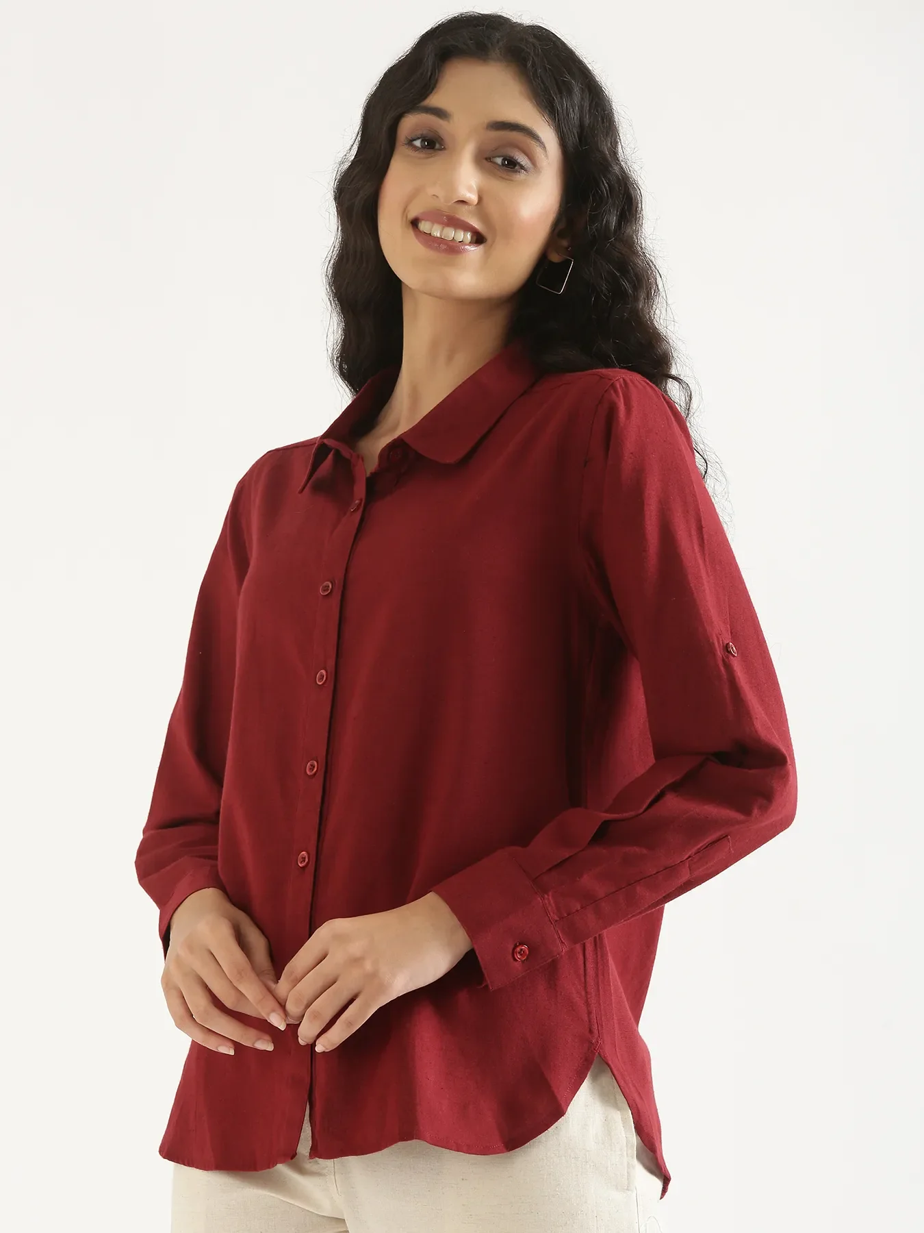 Women Maroon Airy-Linen Shirt - Image 4