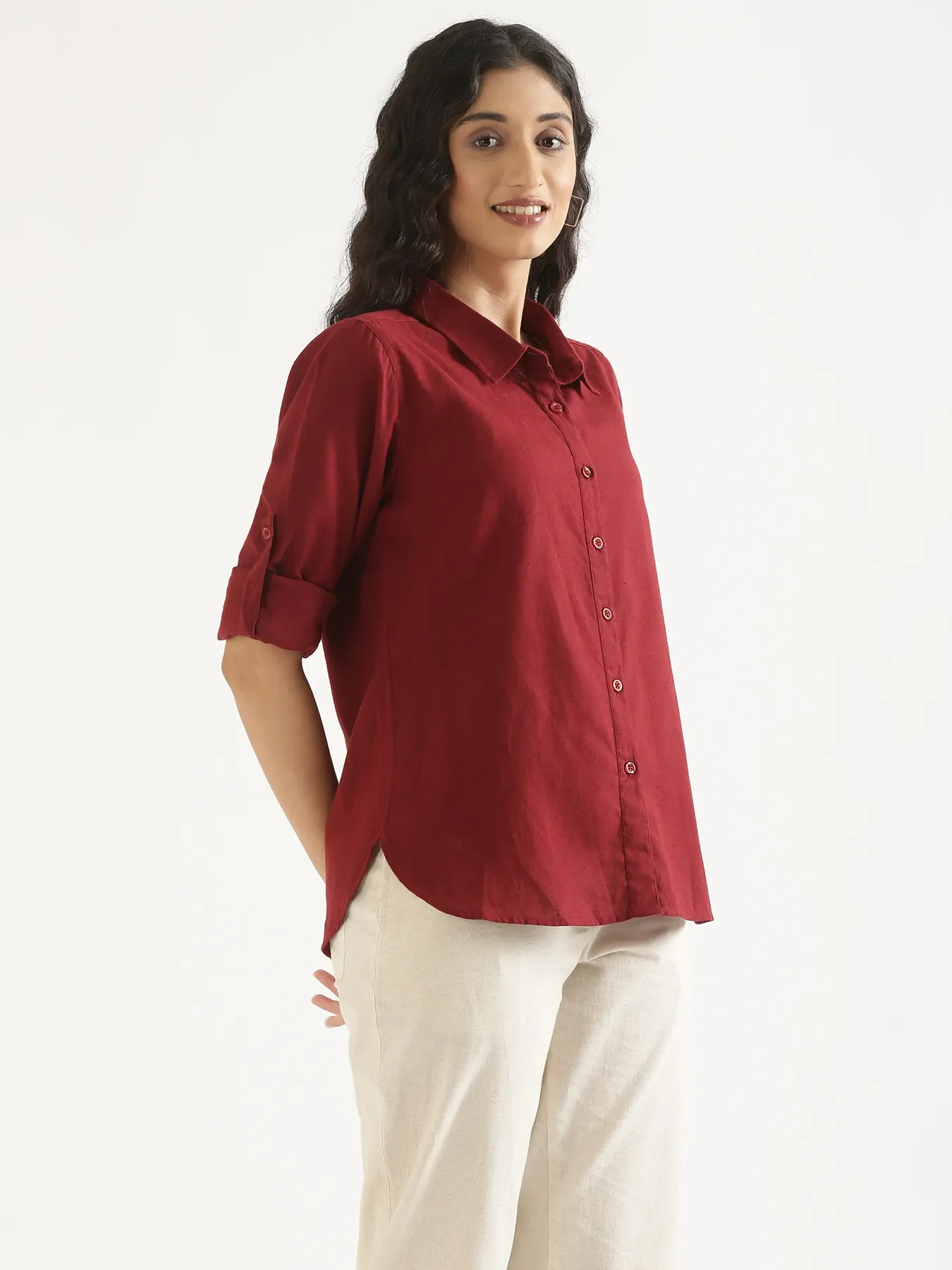 Women Maroon Airy-Linen Shirt - Image 9