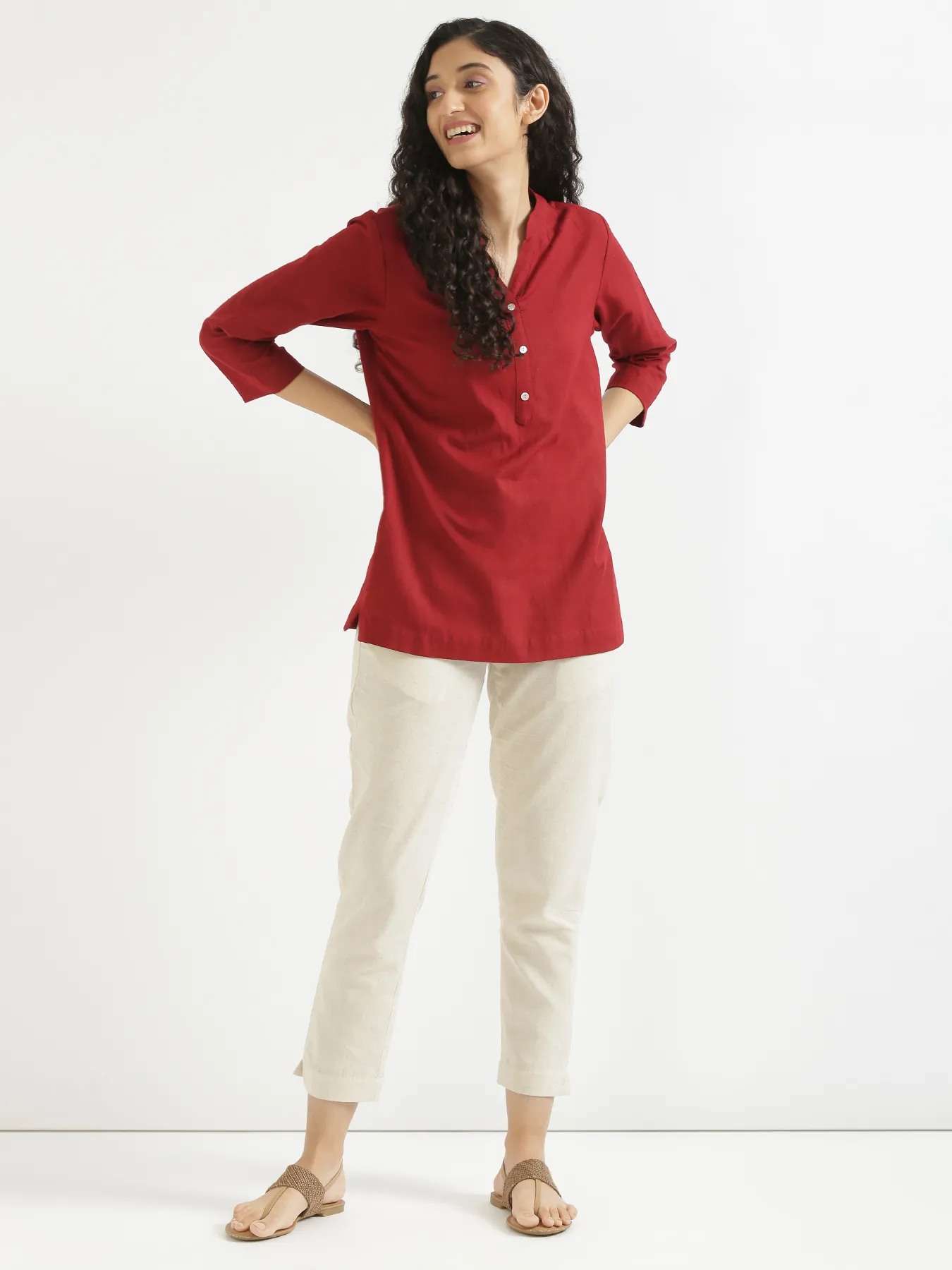 Women Maroon Airy Linen Short Kurta - Image 11