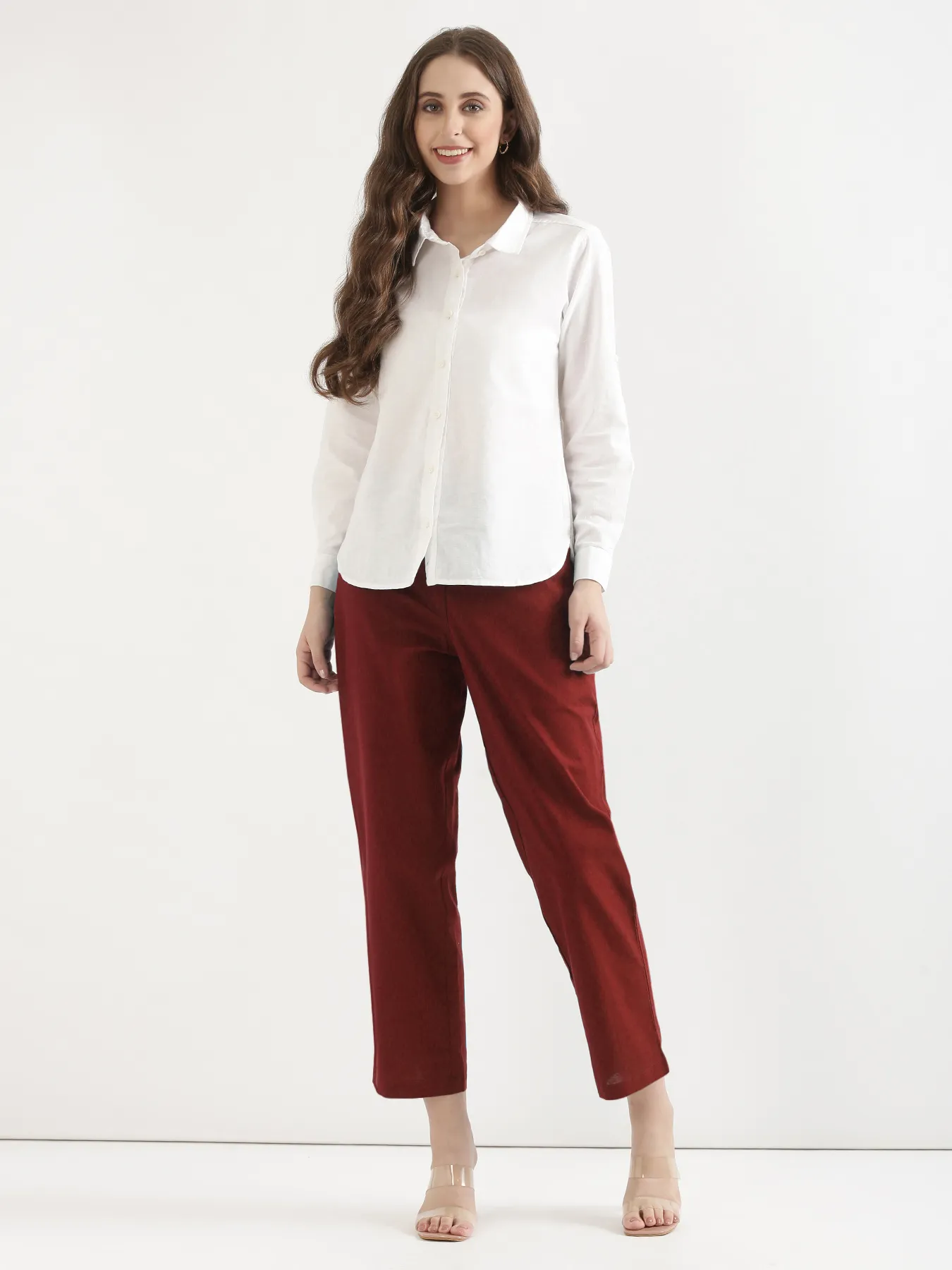 Women Maroon Airy Linen Straight Pants - Image 3