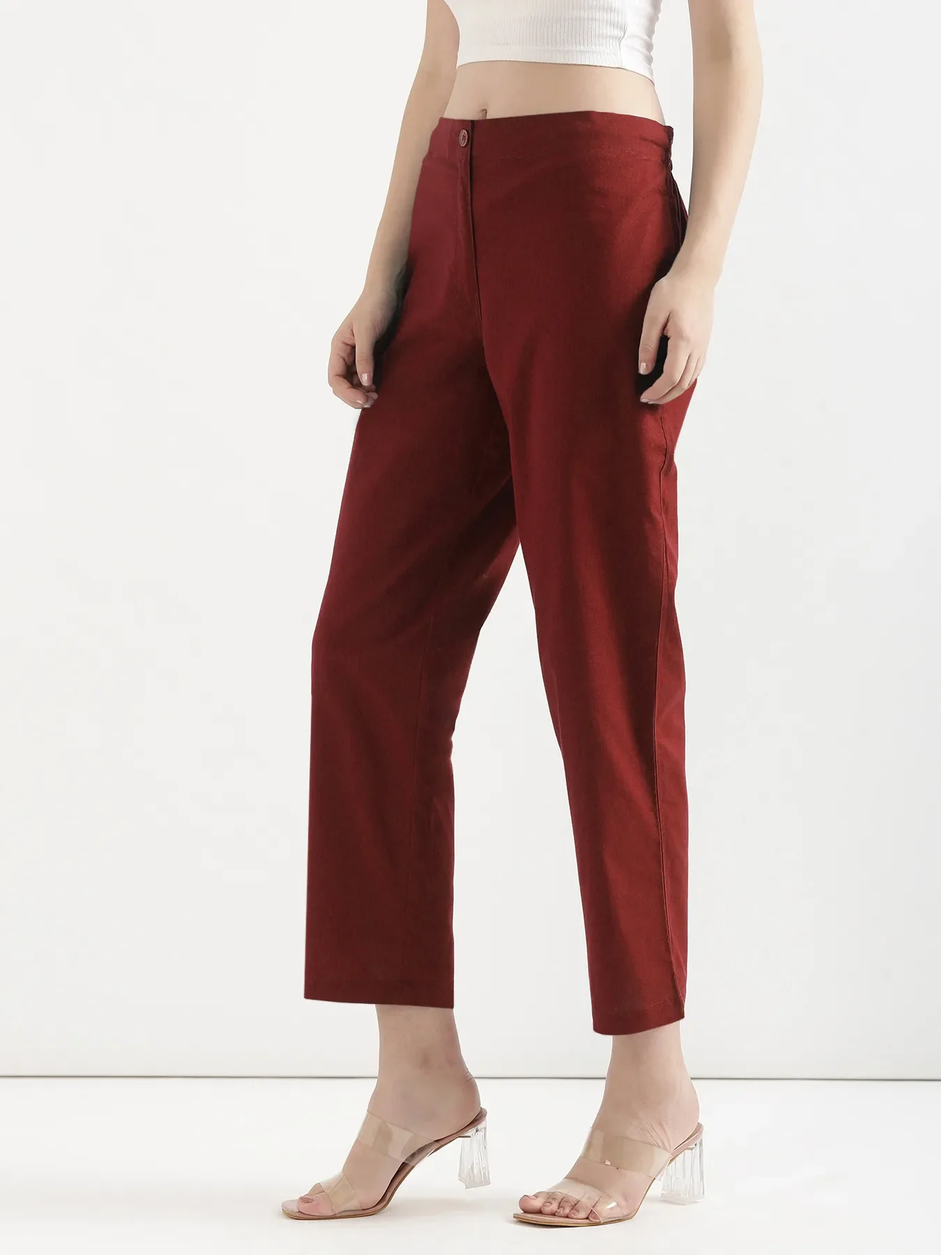 Women Maroon Airy Linen Straight Pants - Image 4