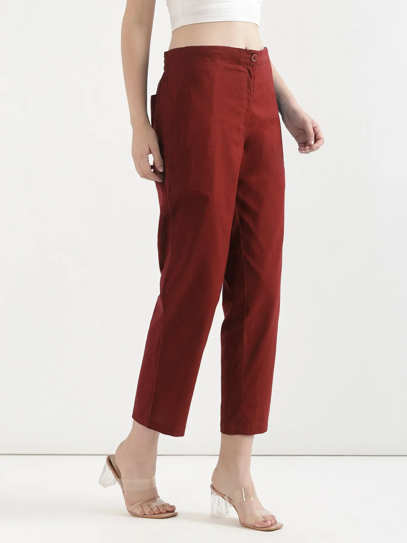 Women Maroon Airy Linen Straight Pants - Image 5