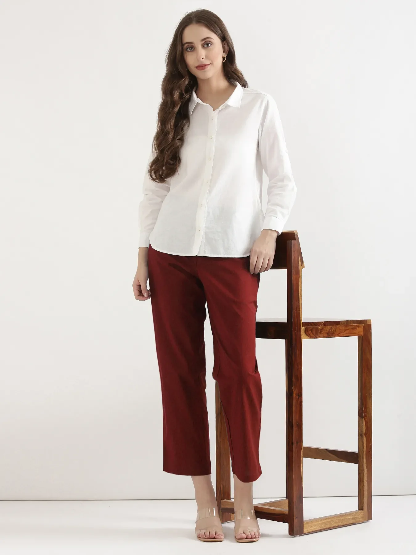 Women Maroon Airy Linen Straight Pants - Image 7