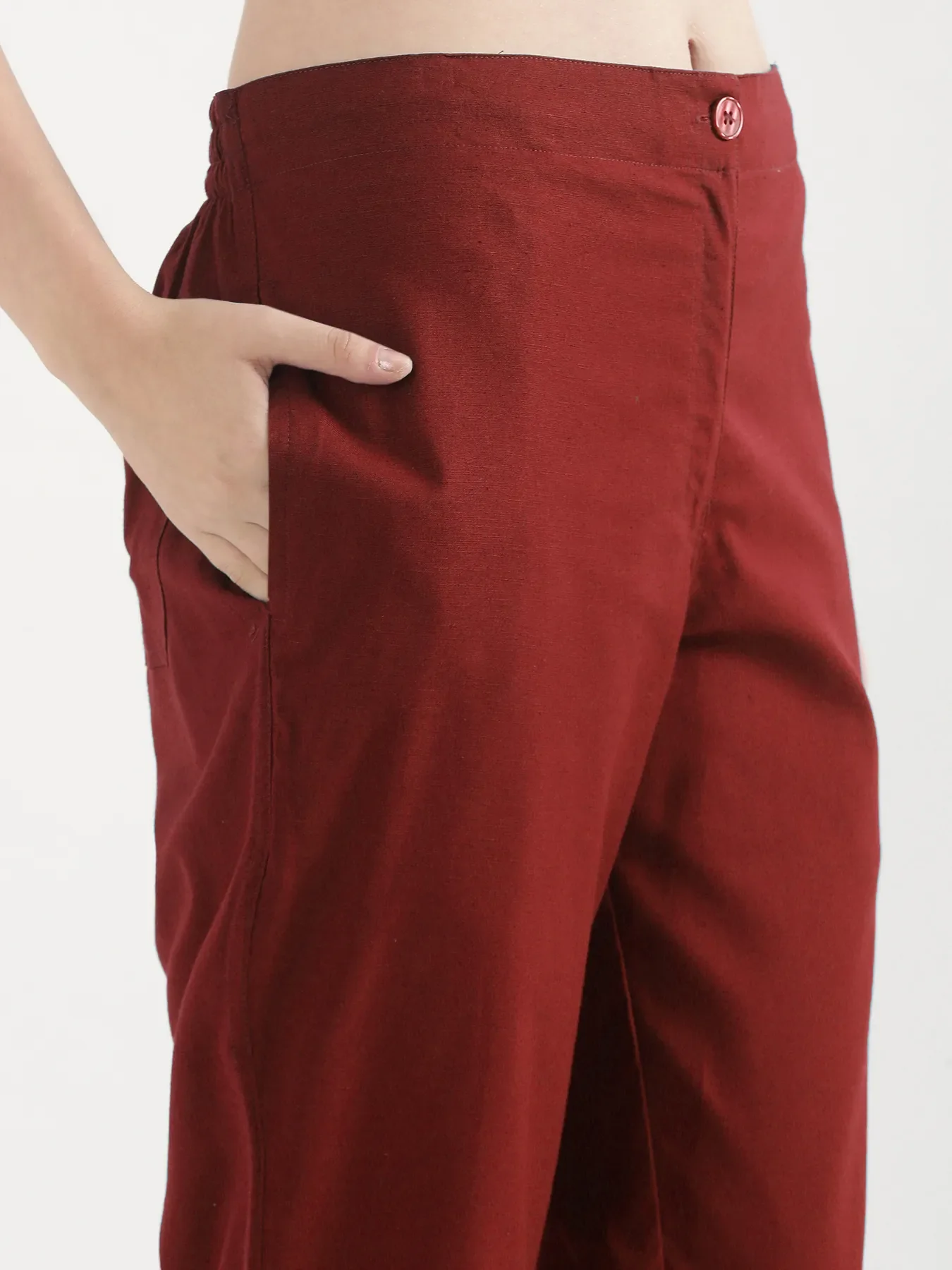 Women Maroon Airy Linen Straight Pants - Image 9