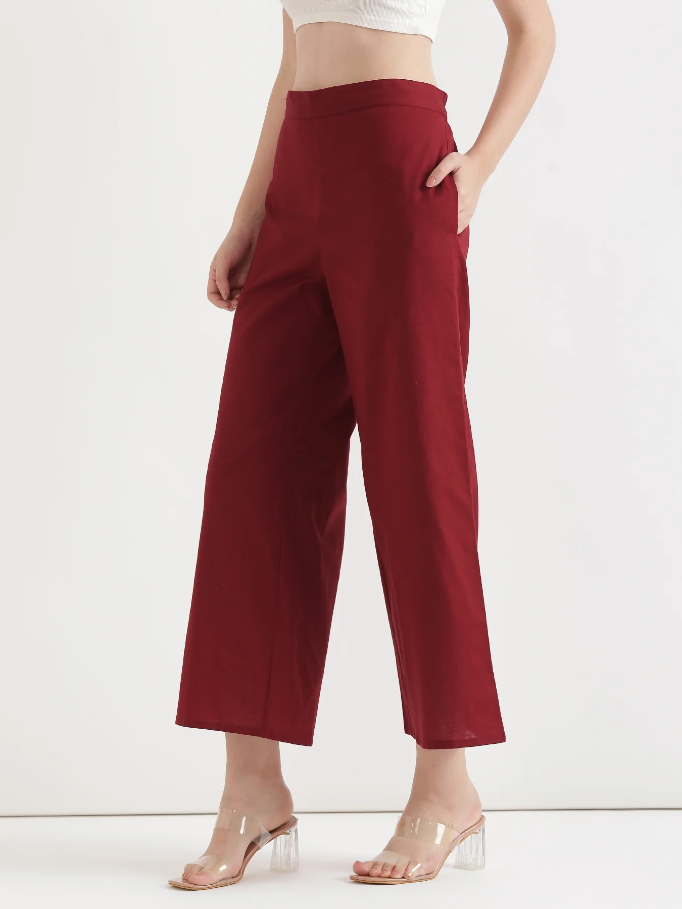 Women Maroon Airy Linen Wide Leg Pant - Image 4