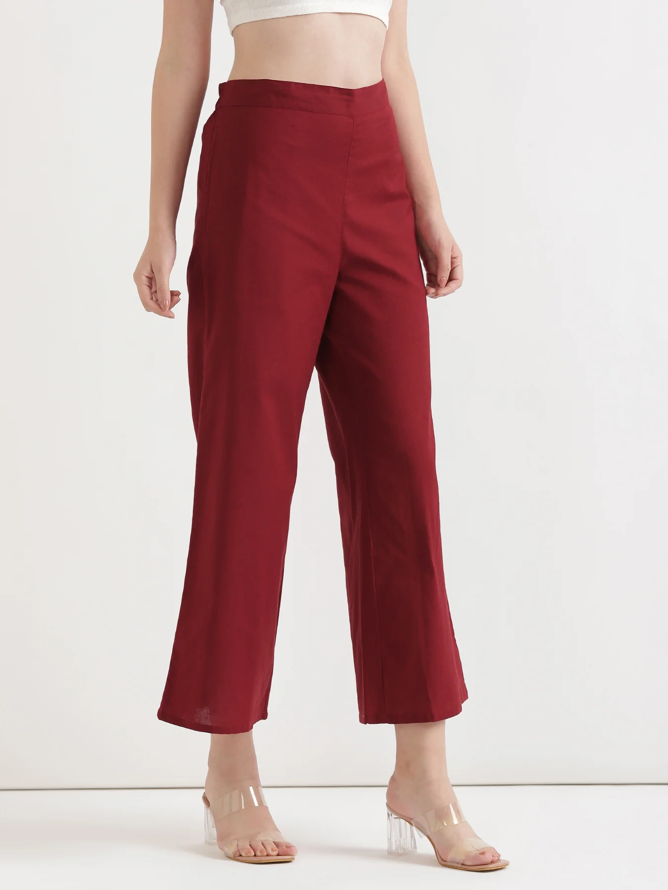 Women Maroon Airy Linen Wide Leg Pant - Image 5